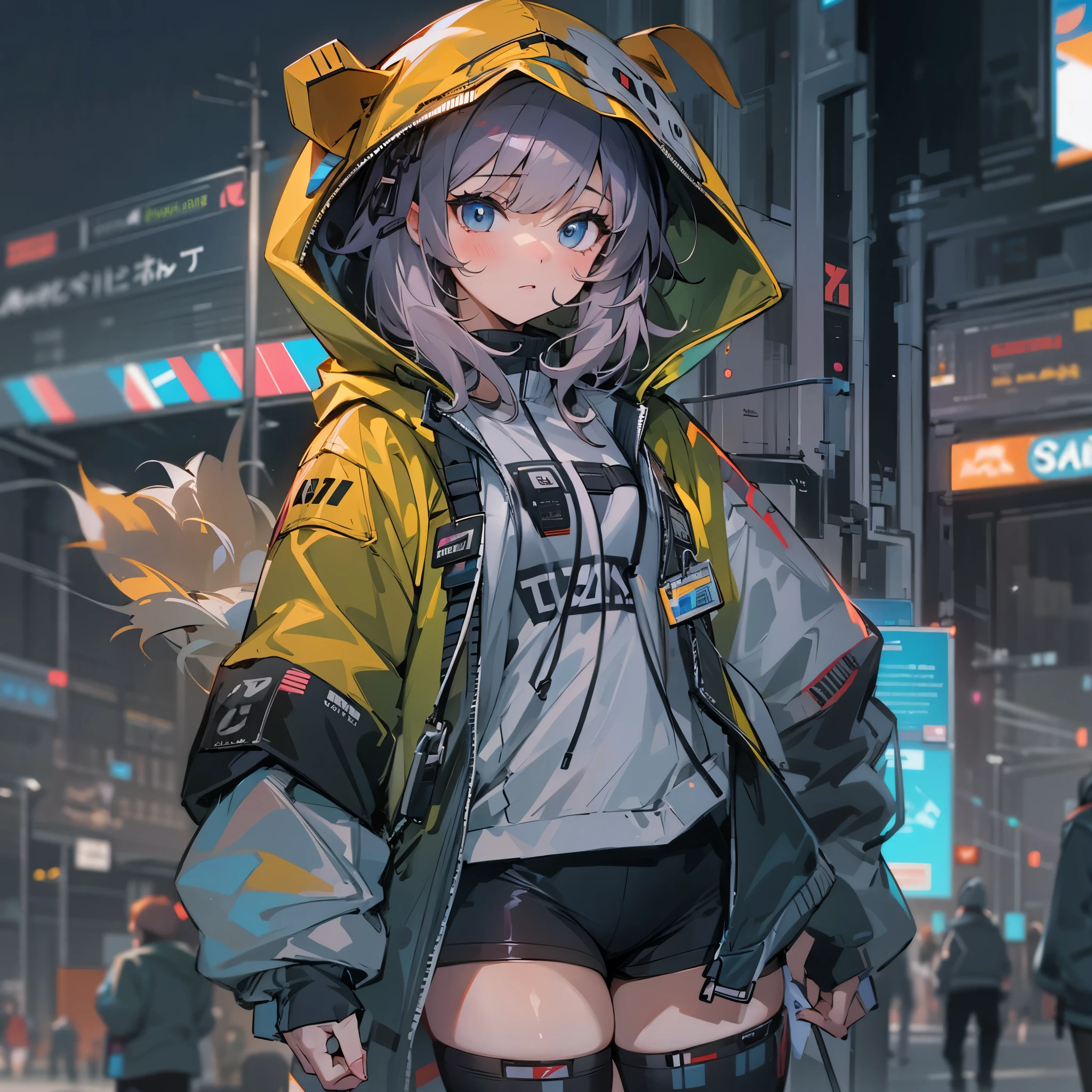 1girl, jacket, outdoor, hoodie, open jacket, chain,cute, kawai, looking at another, trending on artstation, 8k resolution, highly detailed, anatomically correct, sharp image, digital painting, concept art, trending on pixiv, soft femenine colors,neon colors, attractive aspect, hot look, arknights looks, arknights anime, simple background