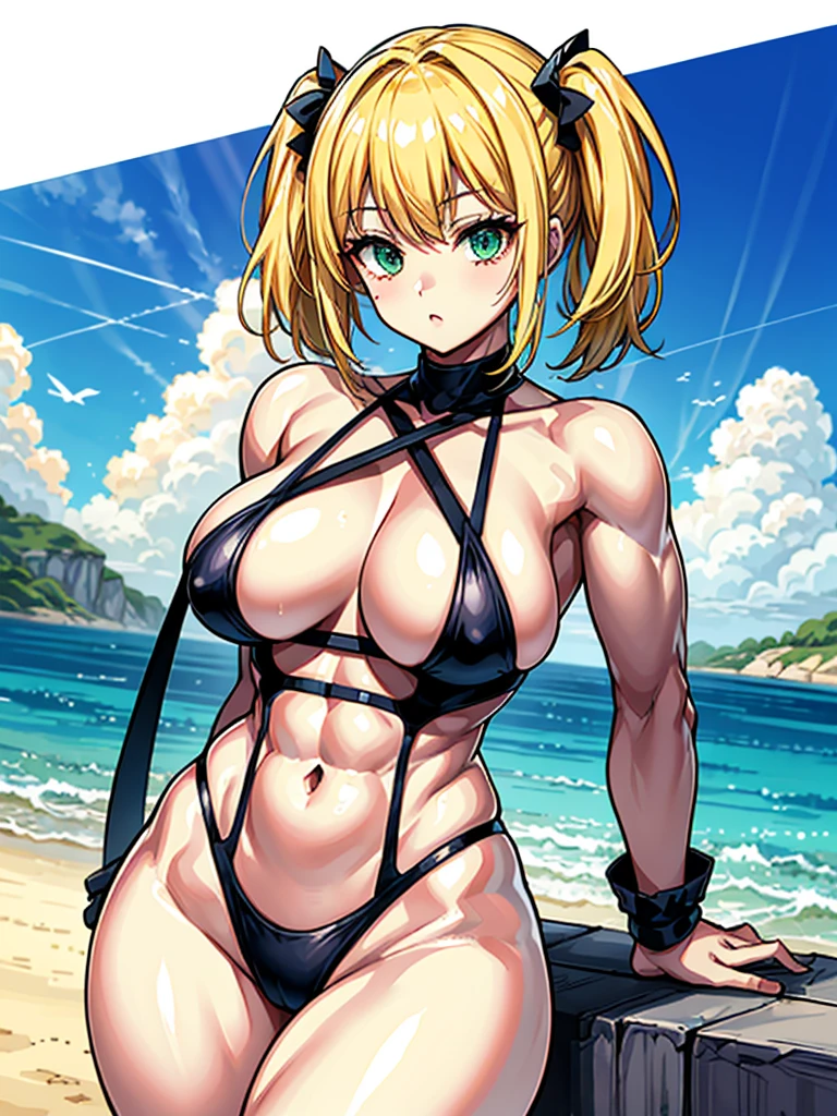 (((masterpiece、Highest image quality、highest quality、highly detailed unity 8kwallpaper)))、((Illustration of one girl))、(((beautiful girl、cool)))、((blonde、pixie cut:1.2、two side up、sidelocks、green eyes))、(((tall、stocky build, thickset physique:1.3, muscular legs, broad shoulders, solid chest)))、swimsuit、sandy beach
