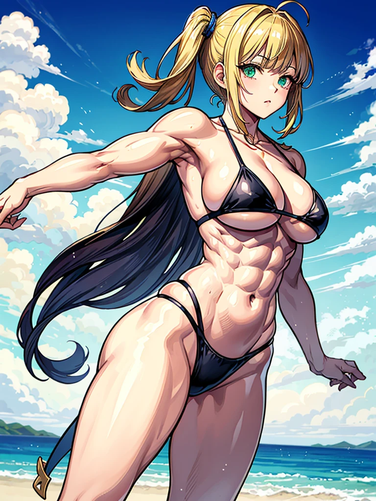 （（（masterpiece、Highest image quality、highest quality、highly detailed unity 8ｋwallpaper）））、（（Illustration of one girl））、（（（beautiful girl、cool）））、（（blonde、pixie cut：1.2、two side up、sidelocks、green eyes））、（（（tall、stocky build, thickset physique：1.3, muscular legs, broad shoulders, solid chest）））、swimsuit、sandy beach