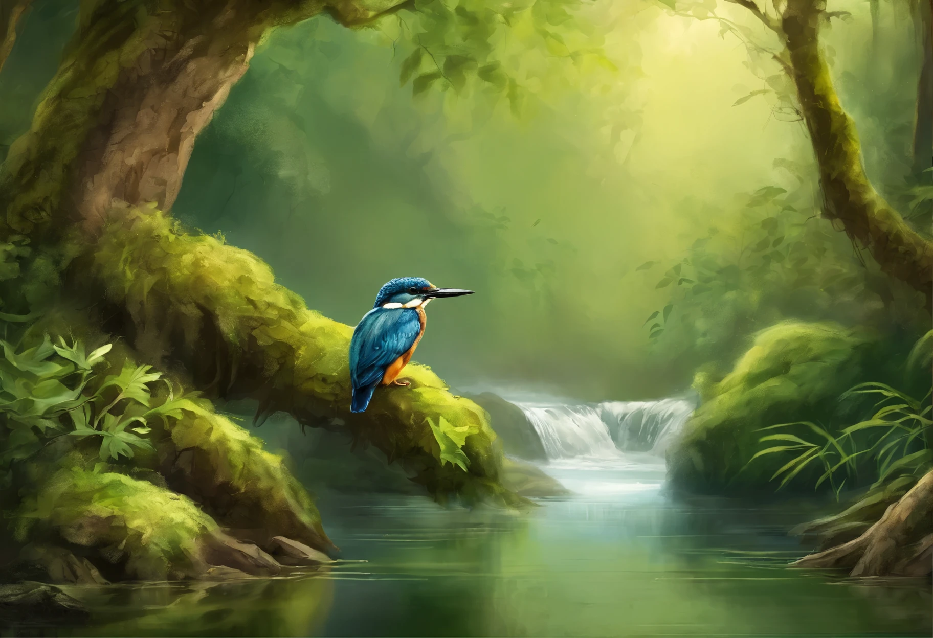 (beautiful landscape, a forest, a little kingfisher perched on a mossy branch above a river, high waterfall in the background, sunlight piercing through the canopy), (best quality, 4k, highres, masterpiece:1.2), ultra-detailed, green tones, intricate feathers, sparkling water, lush greenery, serene atmosphere.