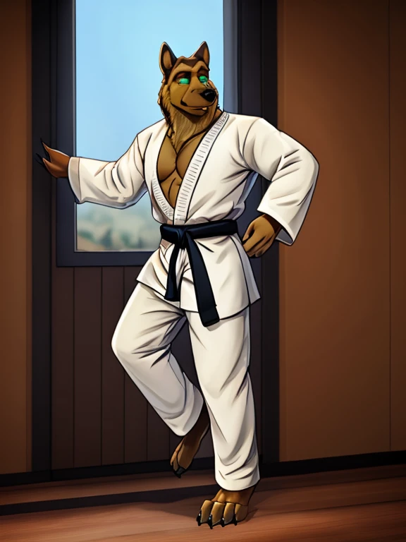 Barefoot Smirnov wearing dark blue karate kimono with 5th dan black belt, training karate in dojo, solo, performing kick, standing on one leg, second leg rised up in a high kick, detailed nice big dog feet paws with claws, in a trance, green glow in his eyes, brainwashed look. high resolution, anatomically correct, evening sky outside the window, darkness inside, 