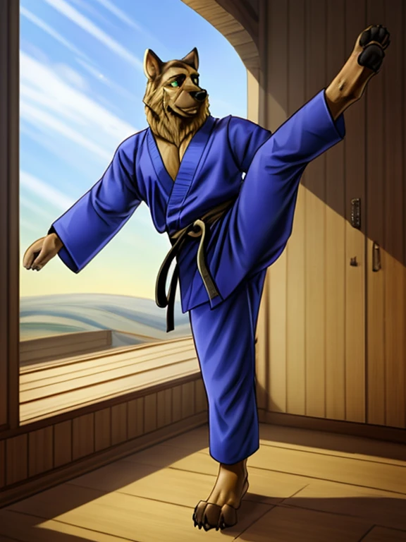 Barefoot Smirnov wearing dark blue karate kimono with 5th dan black belt, training karate in dojo, solo, performing kick, standing on one leg, second leg rised up in a high kick, detailed nice big dog feet paws with claws, in a trance, green glow in his eyes, brainwashed look. high resolution, anatomically correct, evening sky outside the window, darkness inside, 