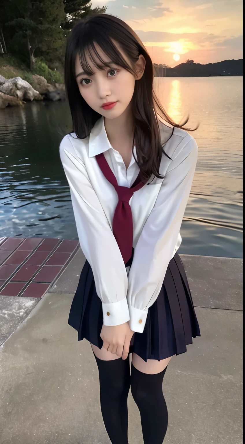 Facing camera, facing viewer, standing on her own feet, high quality, works of the masters, daughter, dark hair, long hair shawl, long hair flowing over shoulders, cropped shoulders, collarbones, exquisite facial features, moistened red lips, school uniform, exposing calves, collarbones, to camera Facing the camera, One photo, Socks, Sad expression, Bust, Real person, Swimming, Standing in the water, upper body exposed (sea), CG rendering, 16k, Looking into the camera, Beautiful night scene, Sad farewell, Hyper HD, Perfect in every detail, Picture is real, Ultimate image quality, Maximum accuracy, 8K Resolution, Shades of Darkness, 8K, Yes ,Ultra HD, 8K