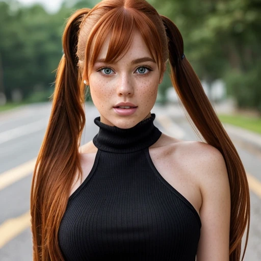 A highly detailed professional ultra-realistic 8k CG masterpiece of an elegant woman. She has asymetrical bangs, shining skin. She wears perfect makeup, red eyliner and black eye shadows. She has ((straight long ginger hair in loose twintails)) and cyan eyes. She wears a black turtle neck mini dress, cleavage and showing shoulders. She has thigh highs and high heels. Her pretty face has a lot of ((freckles)).