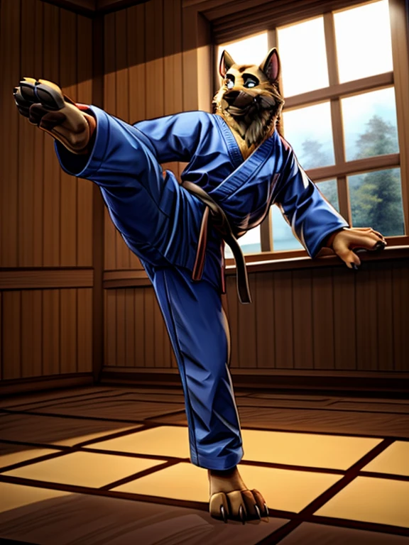 Barefoot Smirnov wearing dark blue karate kimono with 5th dan black belt, long karate kimono pants, training karate in dojo, solo, performing kick, standing on one leg, second leg rised up in a high kick, detailed nice big dog feet paws with claws, in a trance, green glow in his eyes, brainwashed look. high resolution, anatomically correct, evening sky outside the window, darkness inside, asian looking interior