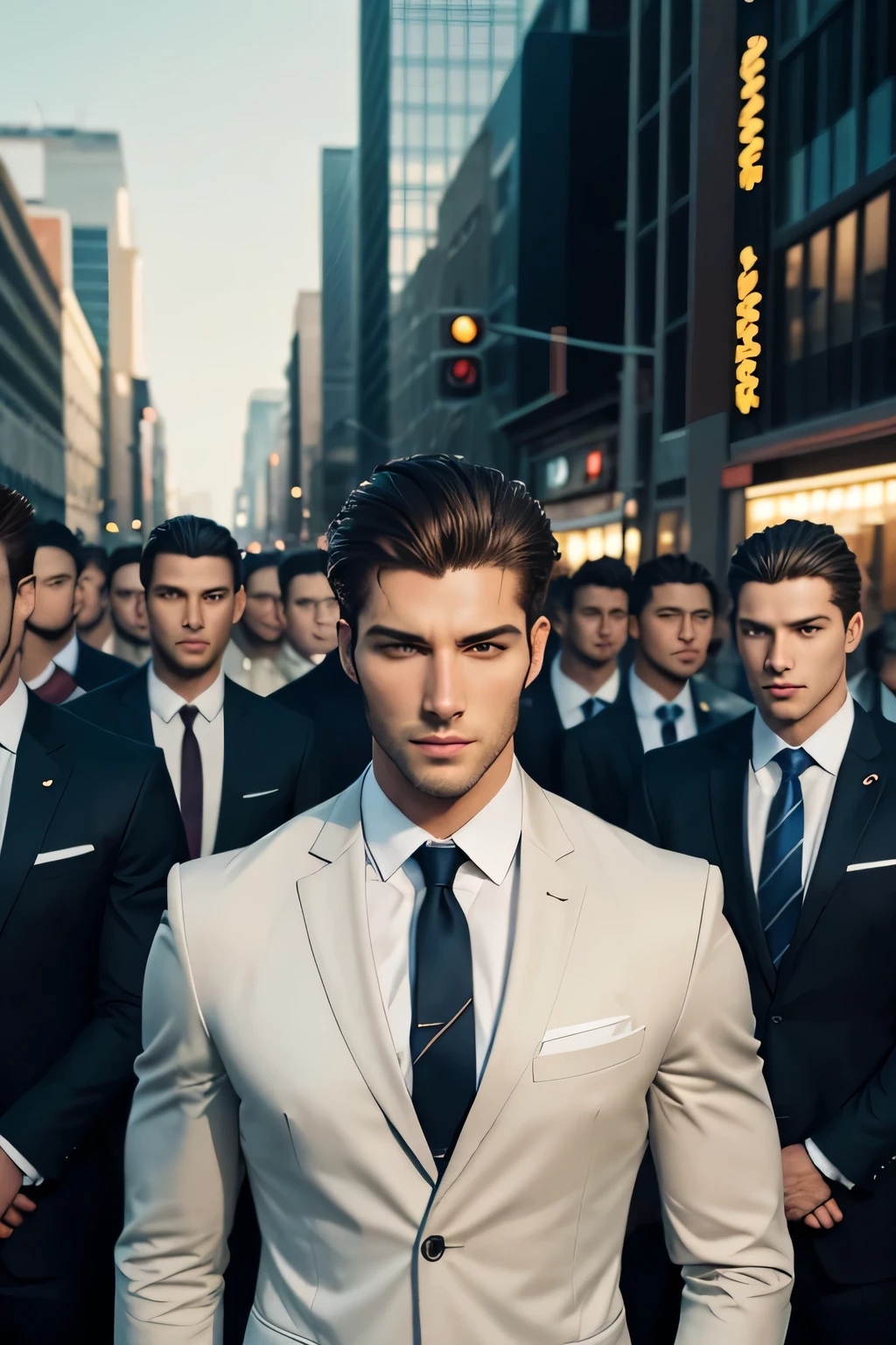 There is a businessman standing in front of a group of men gathered and watching, attractive male, beautiful symmetrical faces, attractive male, male model, human/tank hybrid, accurate symmetrical human features, Man stands out in the picture, multiple faces, face Hybrid Realistic Body and Body, The Perfect Human Male Specimen, Handsome Man, No Distortion on Subject Faces, Handsome Male