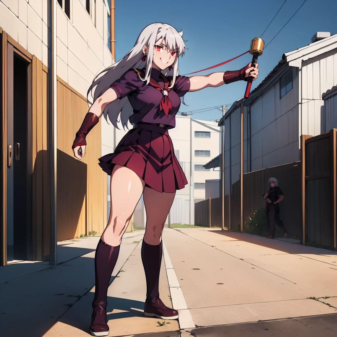 sukeban illyasviel_von_einzbern, mature_female, silver hair, holding yoyo, combat pose, full body, flowing hair, hair between the eyes, asymmetrical hair, red eyes, delicate facial features, sukeban deka clothe, looking_at_viewer, outdoors, background tokyo, ((solo, solo focus, solo girl,1girl))+++++,woman in a 80's sukeban seifuku standing on a set of strees, black school uniform, 80's japanese sukeban photo, sukeban seifuku,  80's japan, sukeban, long black skirt, red converse, full body, light skin tone female, full body, tape, arm_support, gloves, red_gloves, bridal gauntlets, blackred_footwear, fighter outfit, full body, hourglass, mature face, cheeky smile, cheeky face, wrinkles,( silver long hair, earrings, ear piercings), realistic, (fighting art, Martial arts, standing, fighting_stance, fight, fighting), extra colors, 2D, megapixel, perfectionism, accent lighting, full HD , 4K, masterpiece, empty red eyes