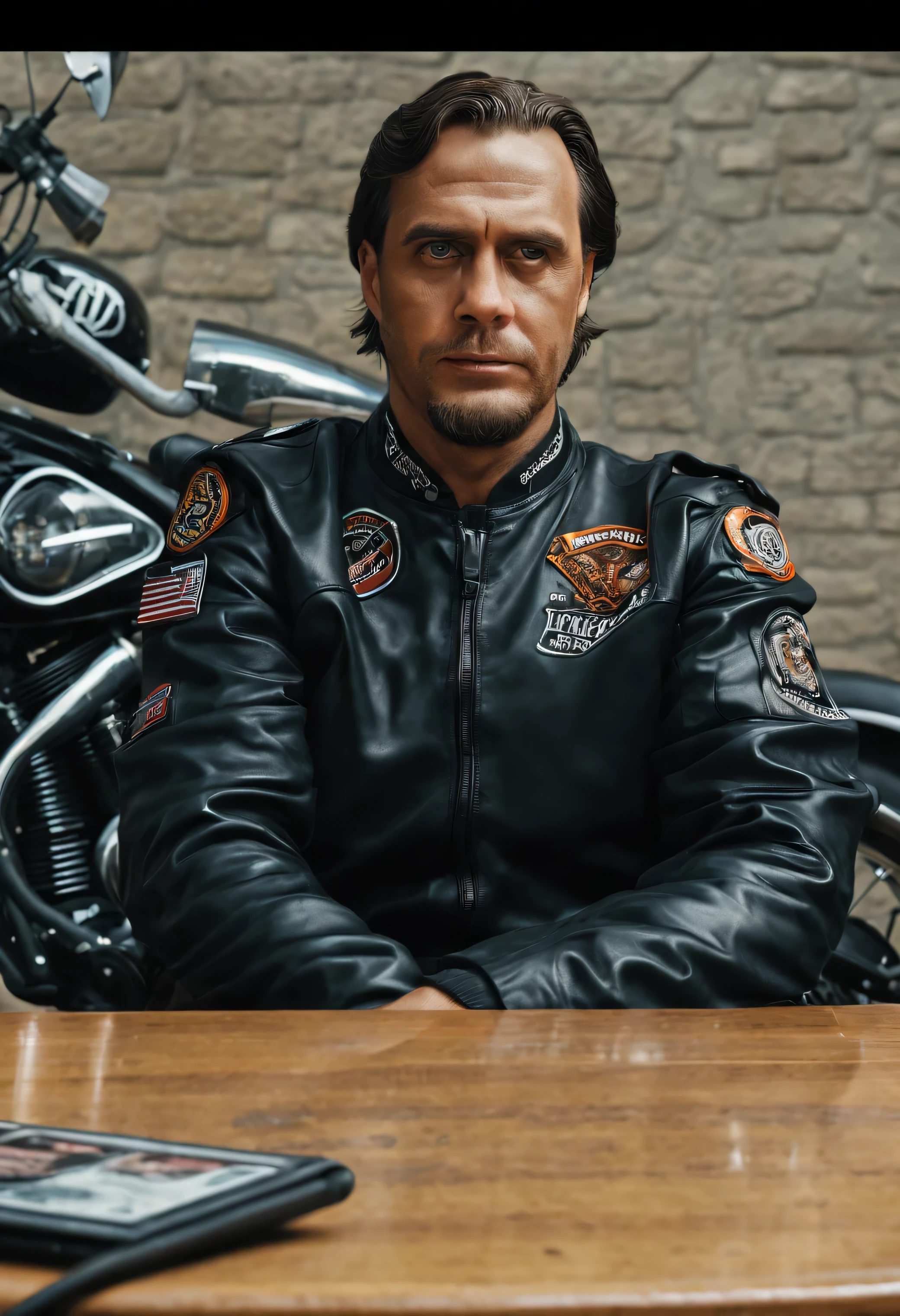 (hyper realistic, photorealistic, 4k, UHD, intricate details, long shot) A 1970's scene of Anton, Sitting on a motorcycle wearing his Harley Davidson Jacket, looking at the camera, keyword Anton