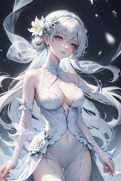 (Paradise in Heaven), White lighting,(muste piece), (best quality), (cinematic), 8K, (art station),(長いwhite hairとSilvery eyesを持つ1人の女), (beautiful delicate face)、[Frozen trees々], [landscape crystal], [lighting], [Ethereal Atmosphere:1.1], [fantasy, short story] ,[soft なlighting] 、(+cinematic shot:1.2)、 [+art station] 、[+luminous white background] 、 [soft glow] 、(Creative and dynamic angles:1.3), [+Crystal Toning] 、muste piece, very detailed, Super detailed, solo, (pale skin), Silvery eyes, white hair, (snow background), (snowflake rosen flower:1.0), (shining crystal), (Snowy ground), (White lashes), sexy woman、dreamy and detailed, Gorgeous setting, 妖しい雰囲気 muste piece, The most beautiful scenes, majestic、(((full of white flowers)))、quiet and serene atmosphere、attractive, all white tones,Inside the crystal library,Transparent flowers and falling snow，Many white roses are planted,(water flowing,waterfall,water bloom),The decoration is also carefully done.,dream（very detailedです，creative design，crisp and precise lines，K HD，best quality，master piece，超High resolution，In 4K）、Diverse poses、((beautiful white flower hair ornament))、beautiful hairstyle、(best quality, In 4K, 8K, High resolution, muste piece:1.2), Super detailed, detailed expression, graceful posture, expressive brush strokes, mysterious atmosphere, artistic interpretation,Delicate floral jewelry， (((Detailed design、Beautiful transparent dress made of thin fabric、Sheer mini dress that shows off your skin)))、(SFW:1.5), (oversized breasts, best body proportions, proportions of large breasts,:1.5)