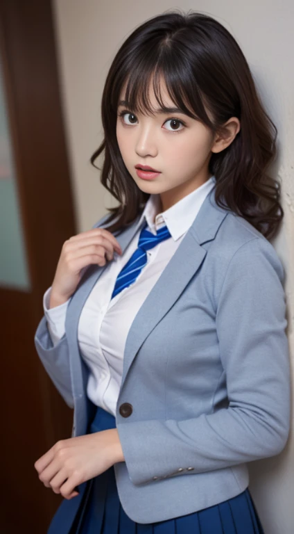 8K, highest quality, real image, intricate details, super detailed, Super high resolution, depth field,(realistic,realistic:1.2),table top , Frontal shot , From the middle , 1 girl, Eye_Chan, very beautiful 17 year old girl, innocent big eyes,、beautiful breasts:1.5、highly detailed eyes:1.2)、(beautiful breasts:1.1)、wavy hair、curly hair、bangs、, perfect skin, Fair skin, huge breasts, Hands on the chest、cleavage, tight waist, light blush, alone, Staring at the viewer, angry look, ((School_uniform),(dark blue blazer), (white shirt、Wearing a tie), (gray pleated skirt), (sculpture installation :1.1)
