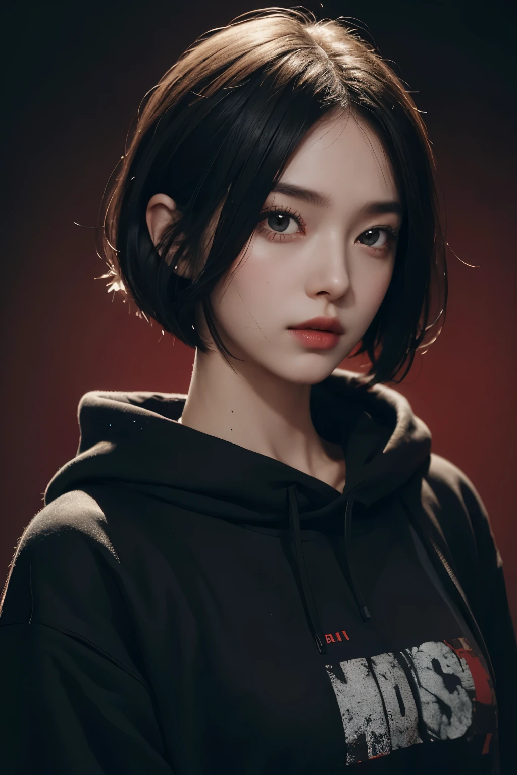 photo of beautiful girl, a woman with perfect short hair, bob haircut, wearing (black sweatshirt:1.1), ((Dual Kawaii:1.1)), (plain red background:1.1), (happy:1.2), modelshoot style, (extremely detailed CG unity 8k wallpaper), professional majestic (photography by tim walker:1.1), (Canon EOS M6 Mark II Mirrorless Camera), 24mm, exposure blend, hdr, faded, extremely intricate, High (Detail:1.1), Sharp focus, dramatic, soft cinematic light, (upper body), (looking at viewer), (detailed pupils), 24mm, 4k textures, soft cinematic light, adobe lightroom, photolab, elegant, ((((cinematic look)))), soothing tones, insane details, hyperdetailed, low contrast