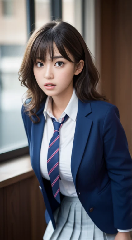 8K, highest quality, real image, intricate details, super detailed, Super high resolution, depth field,(realistic,realistic:1.2),table top , Frontal shot , From the middle , 1 girl, Eye_Chan, very beautiful 17 year old girl, innocent big eyes,、beautiful breasts:1.5、highly detailed eyes:1.2)、(beautiful breasts:1.1)、wavy hair、curly hair、bangs、, perfect skin, Fair skin, huge breasts, Hands on the chest、cleavage, tight waist, light blush, alone, Staring at the viewer, angry look, ((School_uniform),(dark blue blazer), (white shirt、Wearing a tie), (gray pleated skirt), (sculpture installation :1.1)
