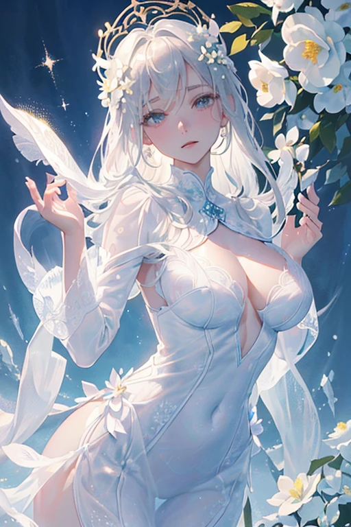 (Paradise in Heaven), White lighting,(muste piece), (best quality), (cinematic), 8K, (art station),(長いwhite hairとSilvery eyesを持つ1人の女), (beautiful delicate face)、[Frozen trees々], [landscape crystal], [lighting], [Ethereal Atmosphere:1.1], [fantasy, short story] ,[soft なlighting] 、(+cinematic shot:1.2)、 [+art station] 、[+luminous white background] 、 [soft glow] 、(Creative and dynamic angles:1.3), [+Crystal Toning] 、muste piece, very detailed, Super detailed, solo, (pale skin), Silvery eyes, white hair, (snow background), (snowflake rosen flower:1.0), (shining crystal), (Snowy ground), (White lashes), sexy woman、dreamy and detailed, Gorgeous setting, 妖しい雰囲気 muste piece, The most beautiful scenes, majestic、(((full of white flowers)))、quiet and serene atmosphere、attractive, all white tones,Inside the crystal library,Transparent flowers and falling snow，Many white roses are planted,(water flowing,waterfall,water bloom),The decoration is also carefully done.,dream（very detailedです，creative design，crisp and precise lines，K HD，best quality，master piece，超High resolution，In 4K）、Diverse poses、((beautiful white flower hair ornament))、beautiful hairstyle、(best quality, In 4K, 8K, High resolution, muste piece:1.2), Super detailed, detailed expression, graceful posture, expressive brush strokes, mysterious atmosphere, artistic interpretation,Delicate floral jewelry， (((Detailed design、Beautiful transparent dress made of thin fabric、Sheer mini dress that shows off your skin)))、(SFW:1.5), (oversized breasts, best body proportions, proportions of large breasts,:1.5)