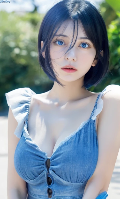 ulzzang-6500,(raw photo:1.2),((photorealistic:1.4))best quality ,masterpiece, illustration, an extremely delicate and beautiful, extremely detailed ,CG ,unity ,8k wallpaper, finely detailed, best quality,extremely detailed CG unity 8k wallpaper,absurdres, incredibly absurdres, huge filesize, ultra-detailed, highres, extremely detailed,beautiful detailed girl, extremely detailed eyes and face, beautiful detailed eyes,light on face,cinematic lighting,1girl,dress,see-through, looking at viewer,outdoors, blue_eyes,blue short hair,visible breasts, medium breasts