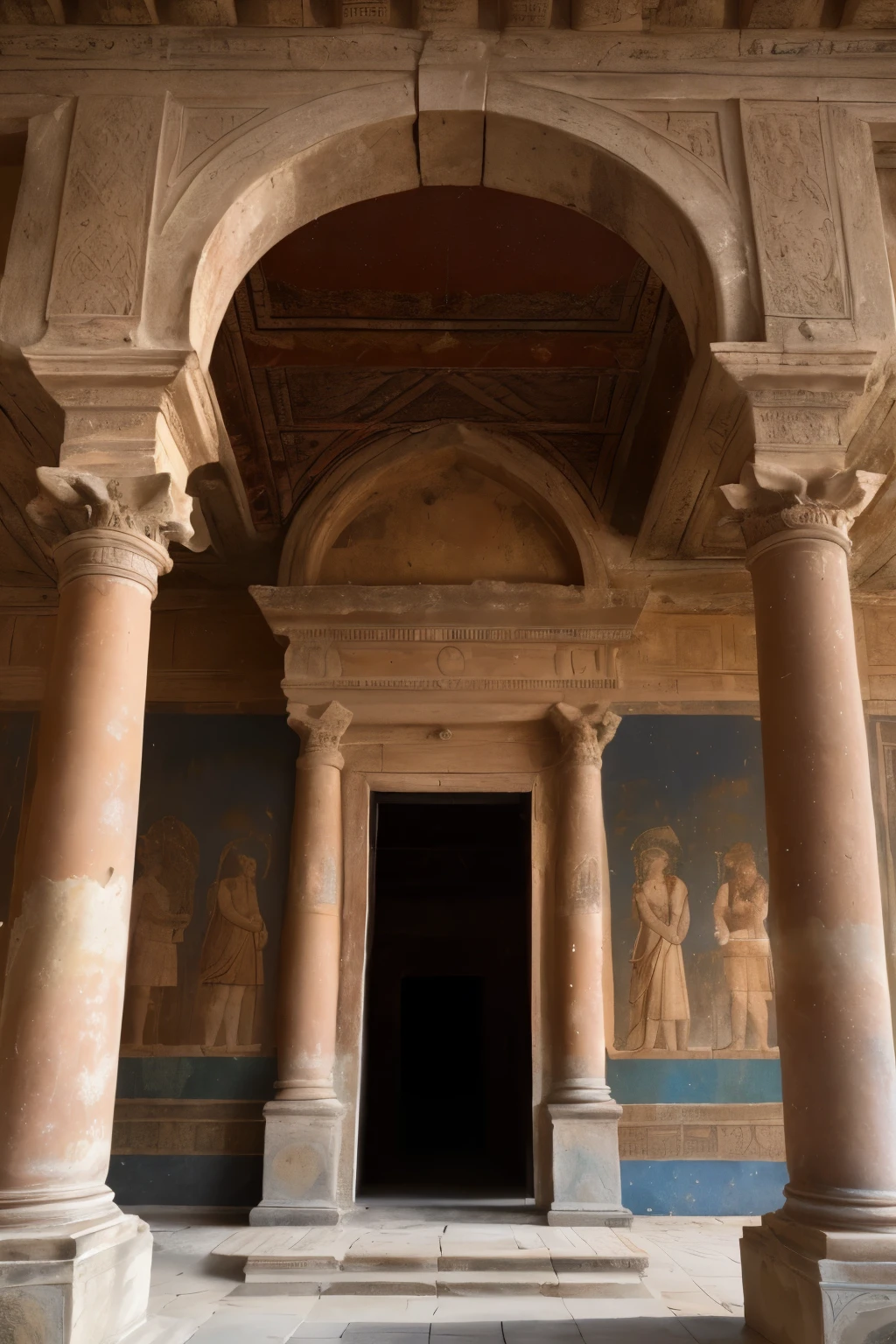 Photo of the ancient Pompeian brothel, 9:16 aspect ratio, (Detailed architectural elements:1.2), intricately decorated facade, timeworn and weathered, revealing the history of the building, rows of small rooms with stone beds, ancient erotic wall paintings adorning the walls, (cold color palette), Moisture clings to the stone walls, Patina adds character to the faded frescoes, Reflectors subtly highlight the intricate details, Masquerading as a piece of historical art, (perfectly proportioned), (photos realistic), (Best Quality), Detailed captured through the lens of a Canon EOS R,