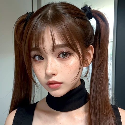 A highly detailed professional ultra-realistic 8k CG masterpiece of an elegant woman. She has asymetrical bangs, shining skin. She wears perfect makeup, red eyliner and black eye shadows. She has ((straight long ginger hair in loose twintails)) and cyan eyes. She wears a black turtle neck mini dress, cleavage and showing shoulders.  She has thigh highs and high heels. Her pretty face has a lot of ((freckles)).