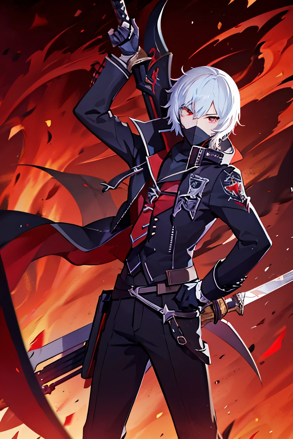 Beacon Academy, RWBY, a boy with silver hair, wearing a mask, demon hunter from devil may cry, red flame eye, welding a long sword, two pistol on his hip.