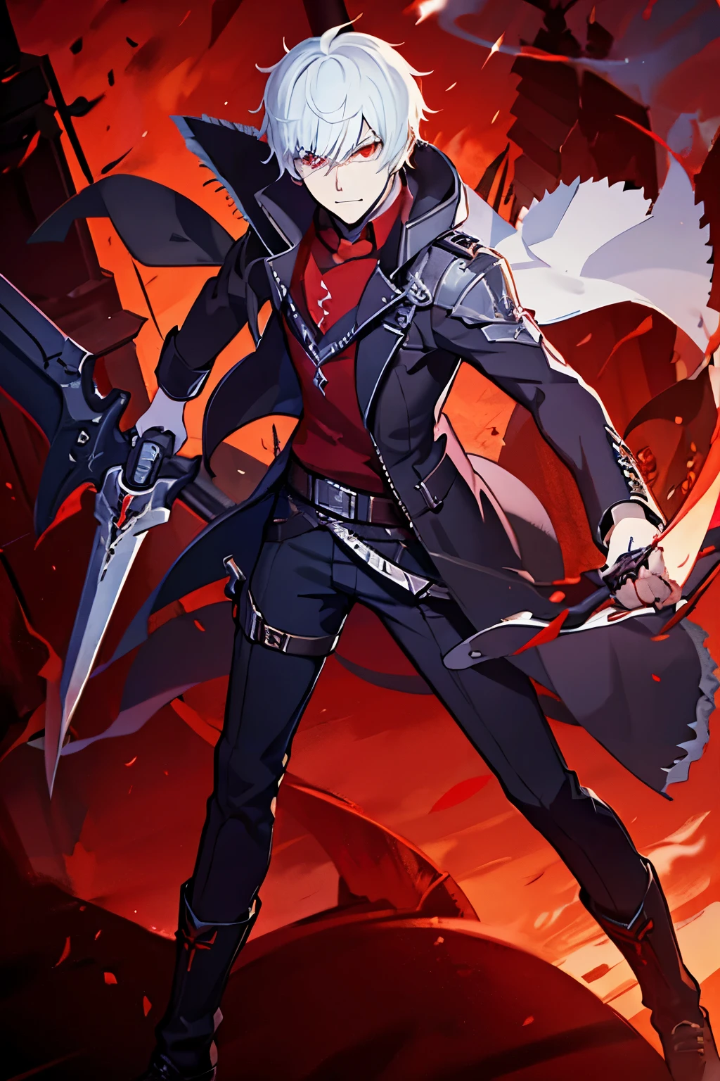 Beacon Academy, RWBY, a boy with silver hair, wearing a mask, demon hunter from devil may cry, red flame eye, welding a long sword, two pistol on his hip.