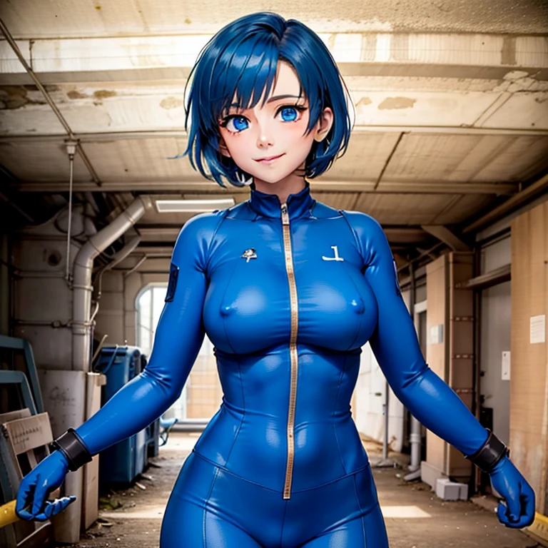 nsfw, Ami Mizuno, short hair, bleu hair, blue eyes, smile,
blue bodysuit, 13
standing, upper body,
underground vault, clean, fallout 4,
(insanely detailed, beautiful detailed face, masterpiece, best quality),