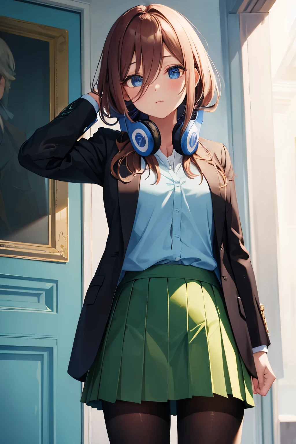 masterpiece, best quality, highres, nm1, headphones around neck, school uniform, long sleeves, blue cardigan, green skirt, pantyhose, black jacket, open jacket, cowboy shot, standing,