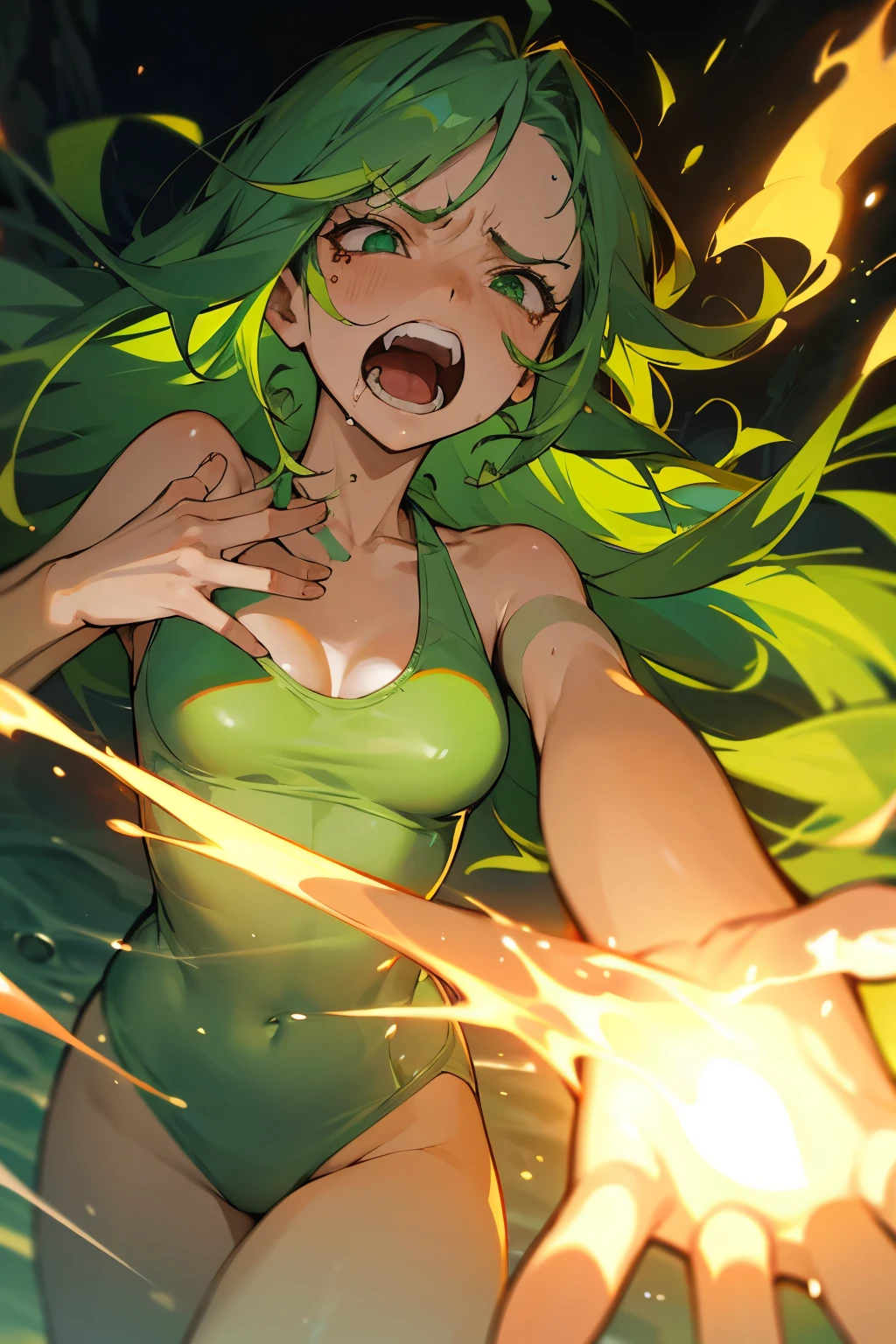 green haired woman、swimsuit、Hair is down、long hair、screaming、my right hand is on fire、inflammation、Hands are facing us、A painful look
