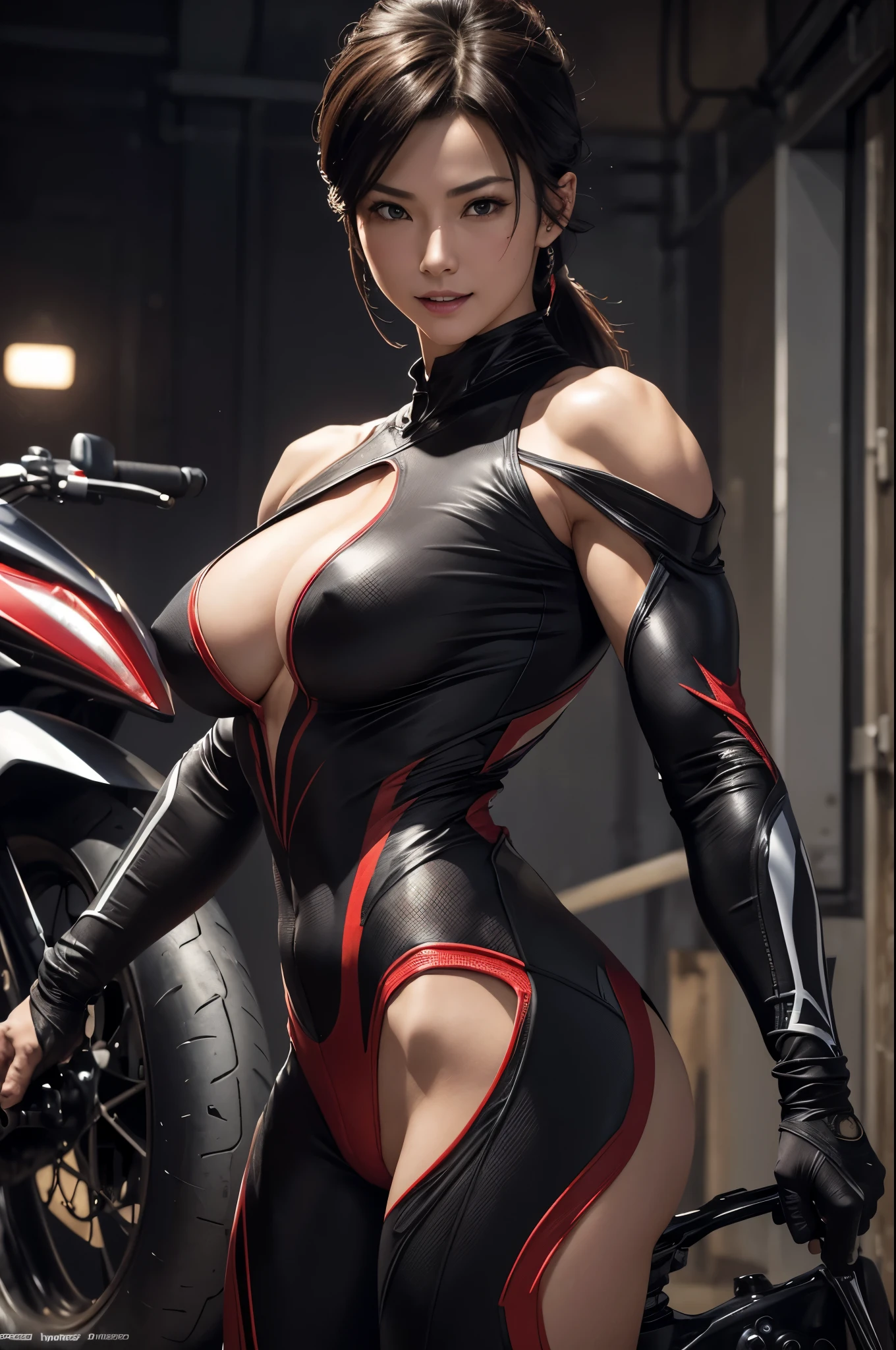 NSFW、red and black racing suit,bike,Black light、Real Art、Slender and muscular macho woman、Super beautiful(Like the real thing)、black eye、Super fine、1 milf、light brown mohawk hair、mature woman,cool smile、very big breasts、Glowing black eye、Slender and muscular macho mature woman、Slender and muscular lower body、豪華でセクシーなbikeスーツ,detailed light、An illustration、dynamic angle、Depth of bounds written、(((((())))、、Show me your fangs、(Super A)High resolution、best image quality)、(8K、Raw photo、best image quality、masterpiece)、technical sense、best image quality、masterpiece、enlightenment、cg、sense of unity、wallpaper、official art、amazing、finely、very delicate and beautiful、attention to detail、attention to detail、Sharp in focus、rich background、(real human being、image)、((High resolutionスキン))、fantasy art、Shoulder muscles、muscular abs、Arm muscles,super realistic skin、look at the audience,Violent and strongly cracked abdominal muscles,Tsunagi,8K,Motorcycles,セクシーなvery big breastsの谷間,