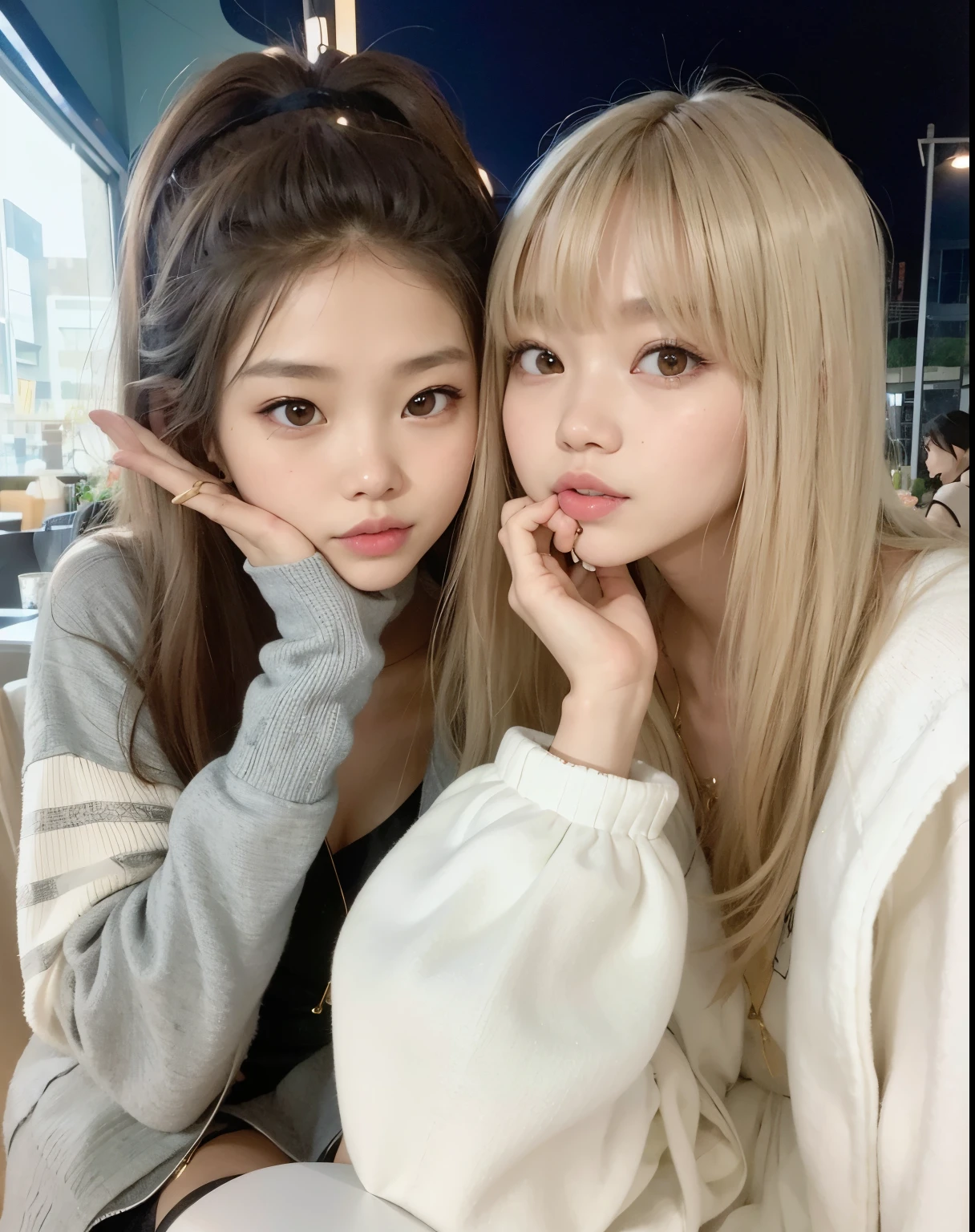 two women posing for a picture in a restaurant, lalisa manobal, lalisa manoban of blackpink, ulzzang, roseanne park of blackpink, nixeu and sakimichan, blackpink, long hair with full bangs, yoshitomo nara and aya takano, tzuyu from twice, portrait of jossi of blackpink