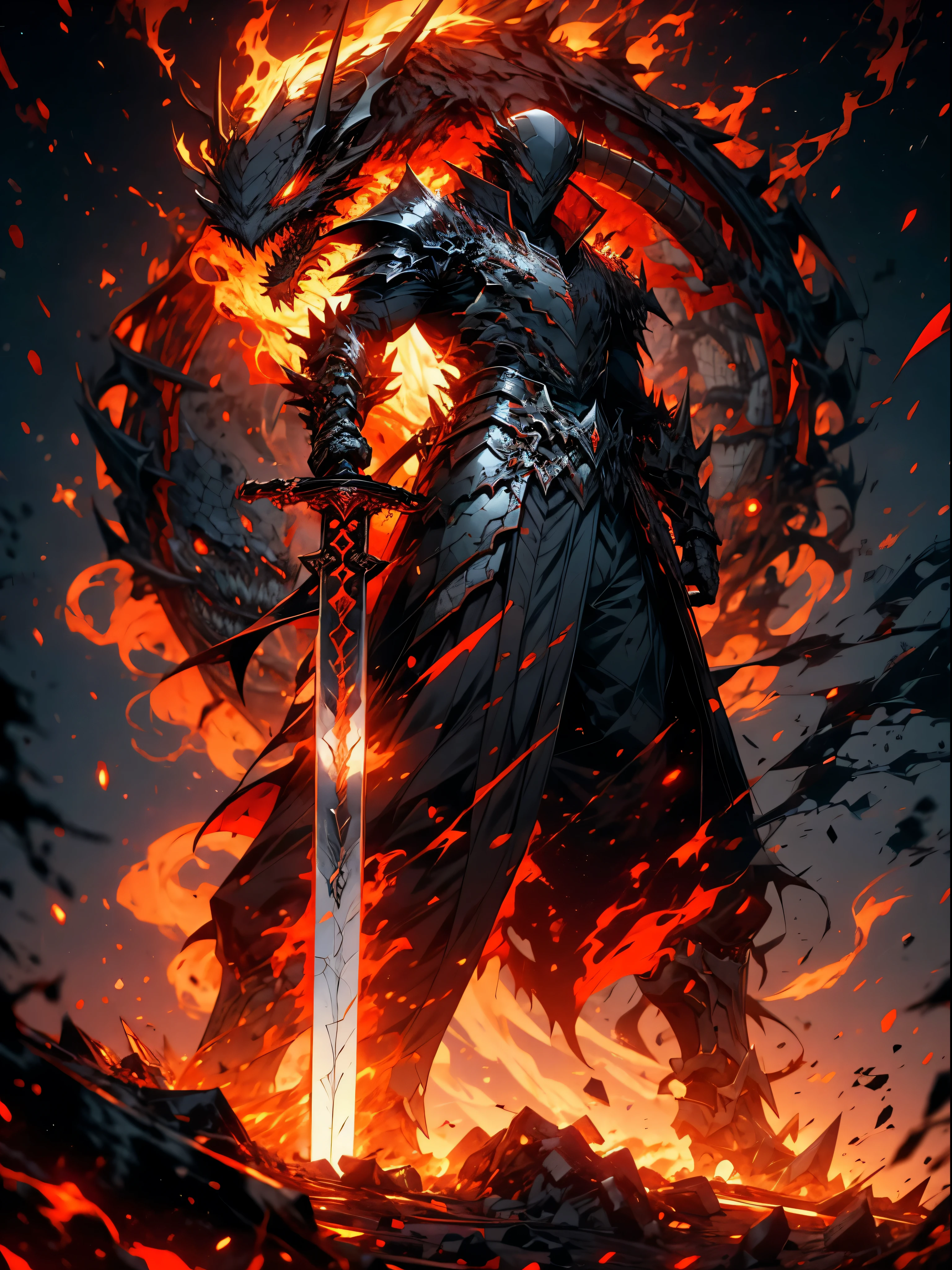 a Raging Dragon Slaying Man, dragon armor, Fearful Eyes, Death Stare, Handsome, Swords in his hands, Collapsed civilization with dead dragons on the background, mixture a elements raging from his sword and from behind, facing toward camera, red and black eyes,