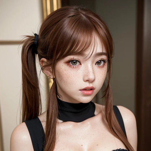 A highly detailed professional ultra-realistic 8k CG masterpiece of an elegant woman. She has asymetrical bangs, shining skin. She wears perfect makeup, red eyliner and black eye shadows. She has ((straight long ginger hair in loose twintails)) and cyan eyes. She wears a black turtle neck mini dress, cleavage and showing shoulders. She has thigh highs and high heels. Her pretty face has a lot of ((freckles)).