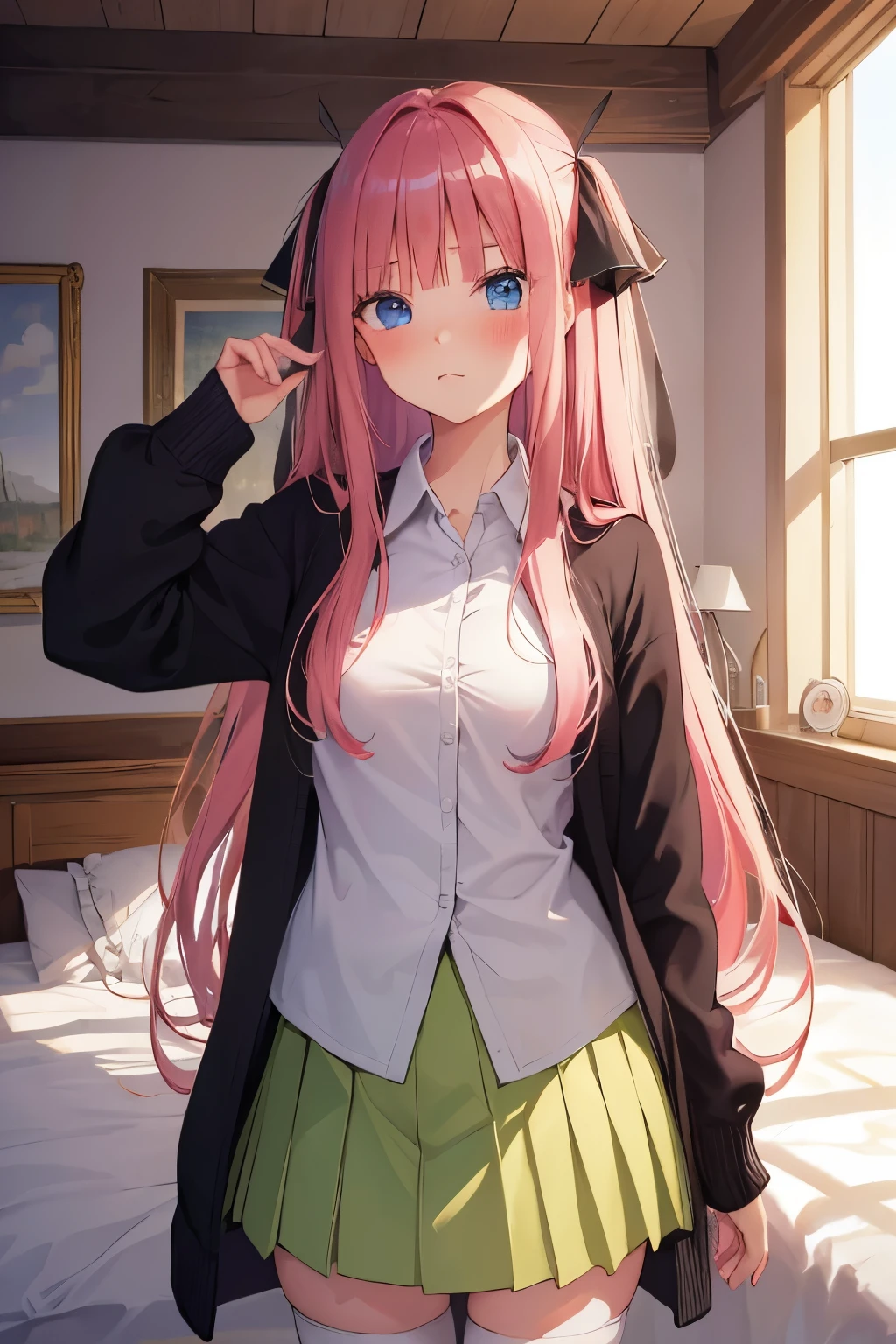 1 long hair, girl in , mini-skirt, pink  hair, looking away, sitting and spreading crotch, embarrased, blushful, cryin, cloused mouth, class room (Another girl hugging her from behind) 1 long hair, girl in, mini-skirt, Bblack hair, smiling excitedly, abraço a  de pink  hair 