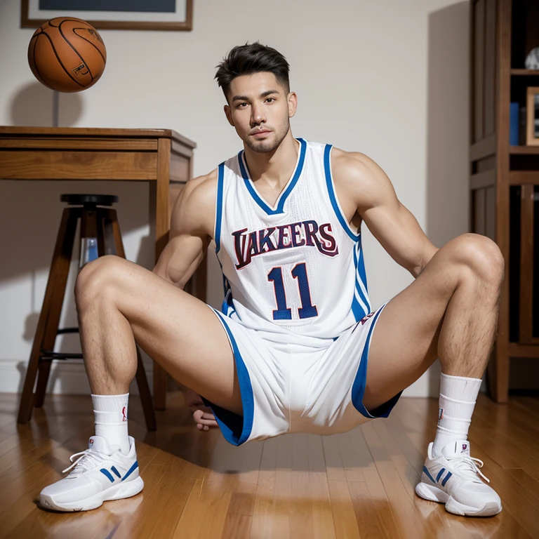 masculine,basketball player,sitting on a stool,Wearing NBA jersey, legs visible, gray shorts, Leg details,Wear white socks and AJ shoes, Dress loosely, Legs close-up,Right foot raised,Another muscular man is kneeling on his crotch