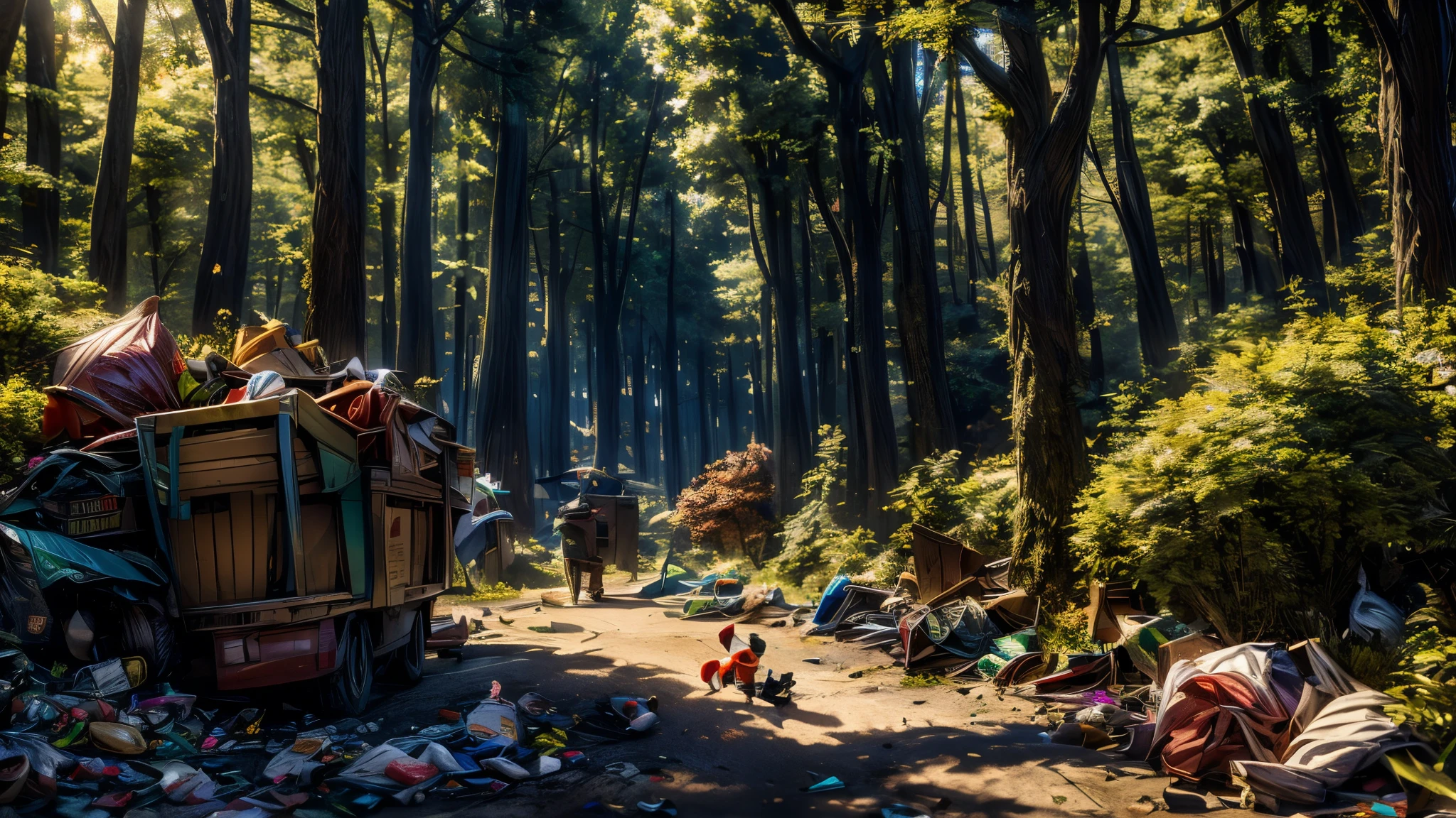 Draw me a picture of a forest full of garbage、Three-dimensional animation scene with the polluting Detachment of Women、The cute little Earth stood in the forest and met the Pollution Detachment of Women.