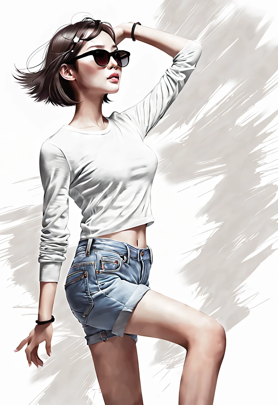 (Modern art dance poster design), (Half-length close-up), (Beautiful Chinese girl dancing in the air), (Wearing modern stylish white sweater and blue jeans: 0.8), Find location, Fair and flawless skin, high nose bridge, (Wearing large sunglasses: 1.2), sad yet beautiful, slim figure, Exquisite facial features, rotating fog, Noble temperament, illustration, ink painting, black hair, a ball head, messy, Proud, Surrealism, contemporary art photography, action painting illustration, abstract expressionism, Pixar, depth of field, motion blur, backlight, Falling shadows, Vignetting, Up angle, Sony FE General Manager, ultra high definition, masterpiece, Accuracy, textured skin, Super details, high detail, high quality, Award-winning, best quality, Level, 16k, Shot from a bottom-up perspective,