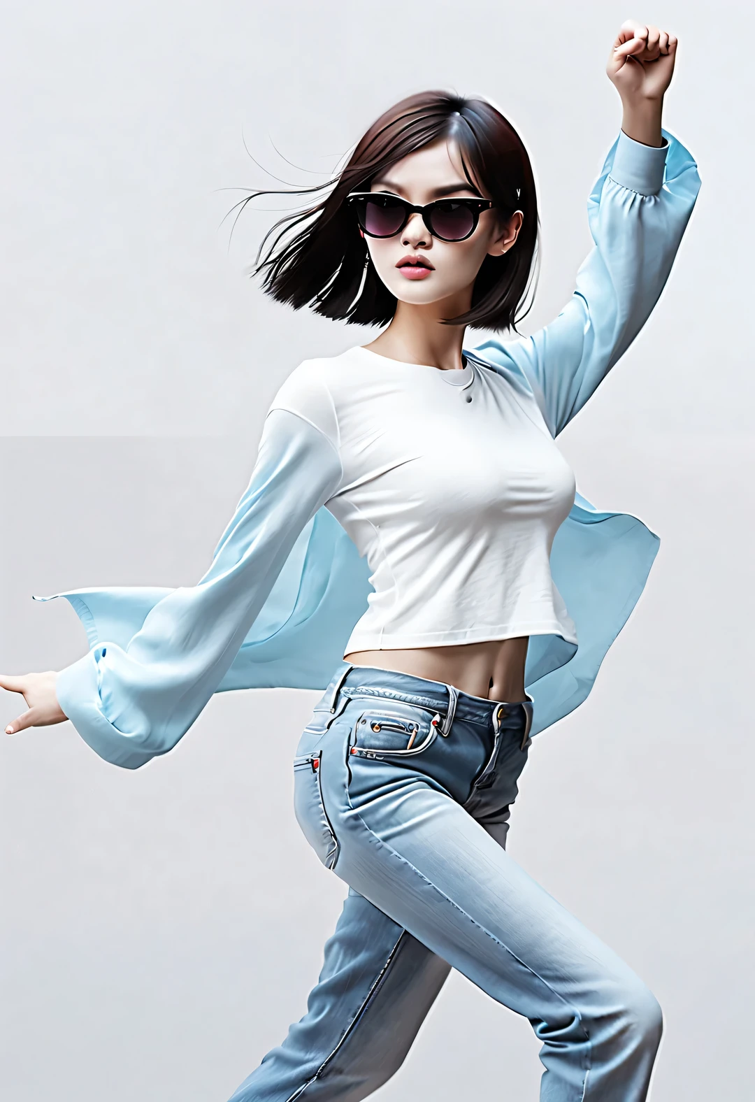 (Modern art dance poster design), (Half-length close-up), (Beautiful Chinese girl dancing in the air), (Wearing modern stylish white sweater and blue jeans: 0.8), Find location, Fair and flawless skin, high nose bridge, (Wearing large sunglasses: 1.2), sad yet beautiful, slim figure, Exquisite facial features, rotating fog, Noble temperament, illustration, ink painting, black hair, a ball head, messy, Proud, Surrealism, contemporary art photography, action painting illustration, abstract expressionism, Pixar, depth of field, motion blur, backlight, Falling shadows, Vignetting, Up angle, Sony FE General Manager, ultra high definition, masterpiece, Accuracy, textured skin, Super details, high detail, high quality, Award-winning, best quality, Level, 16k, Shot from a bottom-up perspective,