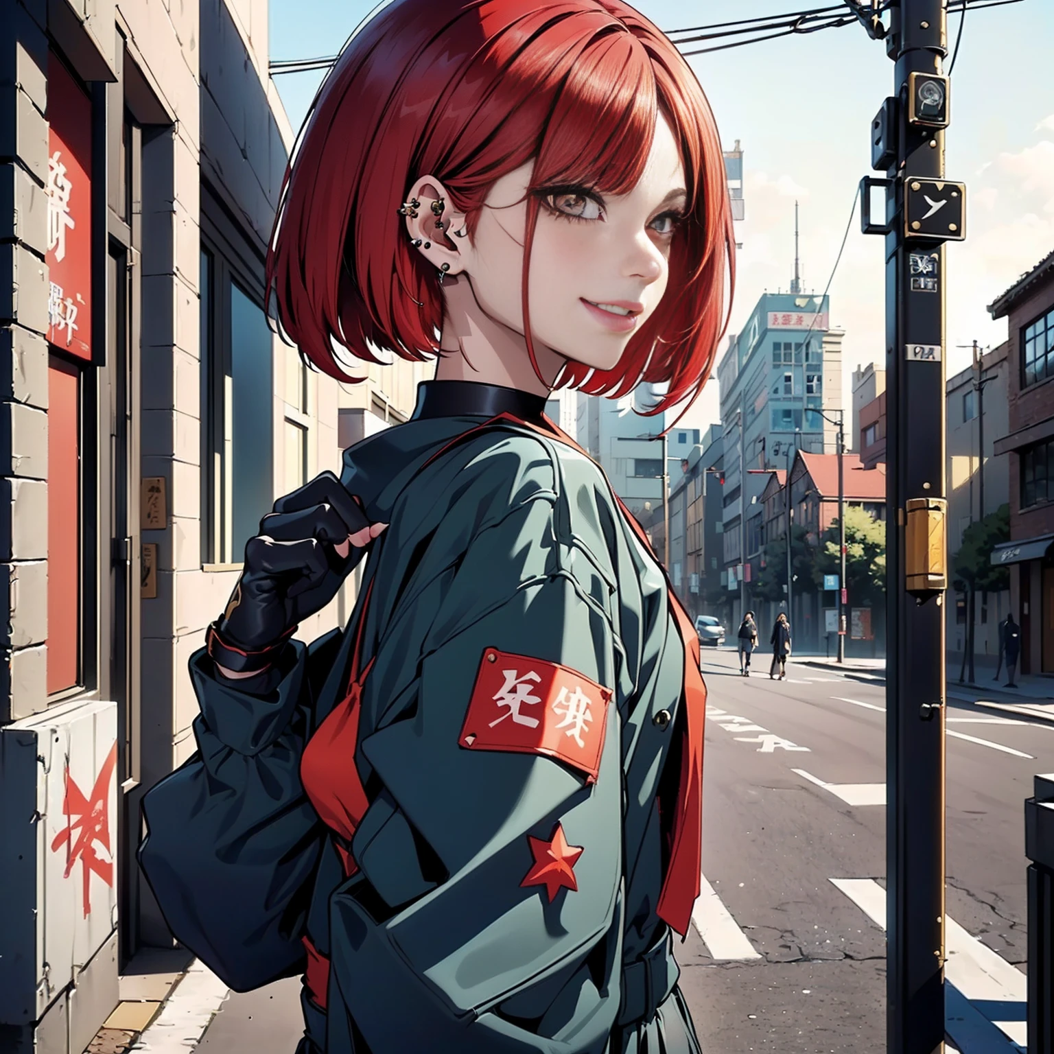 in the art style of persona5 and in the art style of street of rage 4, delinquent, (sukeban), mature_female, blush, mature, older woman, 25 years old, Sukeban teacher outfit, ((((1girl, solo female, solo, solo focus:1,9)))++++, choker, sukeban teacher, sukeban fighter, long_sleeves, open jacket, blue jacket,( jean)+++, light skin tone female, (full body)+++++, jacket, biker jacket, tape, arm_support, gloves, red_gloves, bridal gauntlets, nail polish, boots, black_footwear, fighter outfit, (full body)+++++++, hourglass, mature face, cheeky smile, cheeky face, wrinkles, (((((red hair, short hair, bob cut, earrings, ear piercings)))), red eyeighting art, Martial arts, standing, fighting_stance, fight, fighting), extra colors, 2D, megapixel, perfectionism, accent lighting, full HD , (Masterpiece:1.2), (full-body-shot:1),(cowboy shot:1.2), (Highly detailed:1.2),(anime Detailed Face:1.2), Colorful, A detailed eye, (Detailed landscape:1.2), (natural lighting:1.2), ((sukeban school teacher)) by Vincent Di Fate: Aidyllery, Anamorphic Shot, rule of thirds, face by Artgerm and WLOP, ((street of rage 4 city backround)), fictive city backround in the style art of street of rage 4,