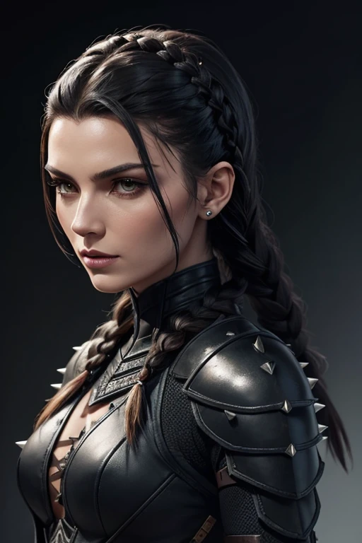 Woman, full height, Tight leather assassin armor with spikes that blends into the body, tattoo of three dots above cheekbones, black hair on the head, with a braid on his head