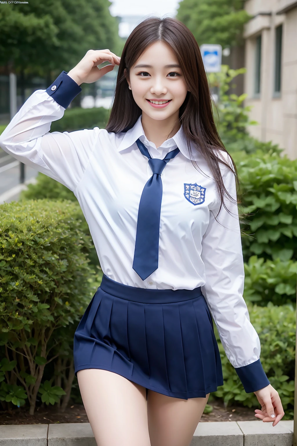 (8K), (highest quality: 1.2), (realistic), (realistic: 1.37), ultra high resolution, 1 girl, cute, smile, closed mouth, beautiful details, beautiful nose, whole body, wet hair, school uniform, thighs