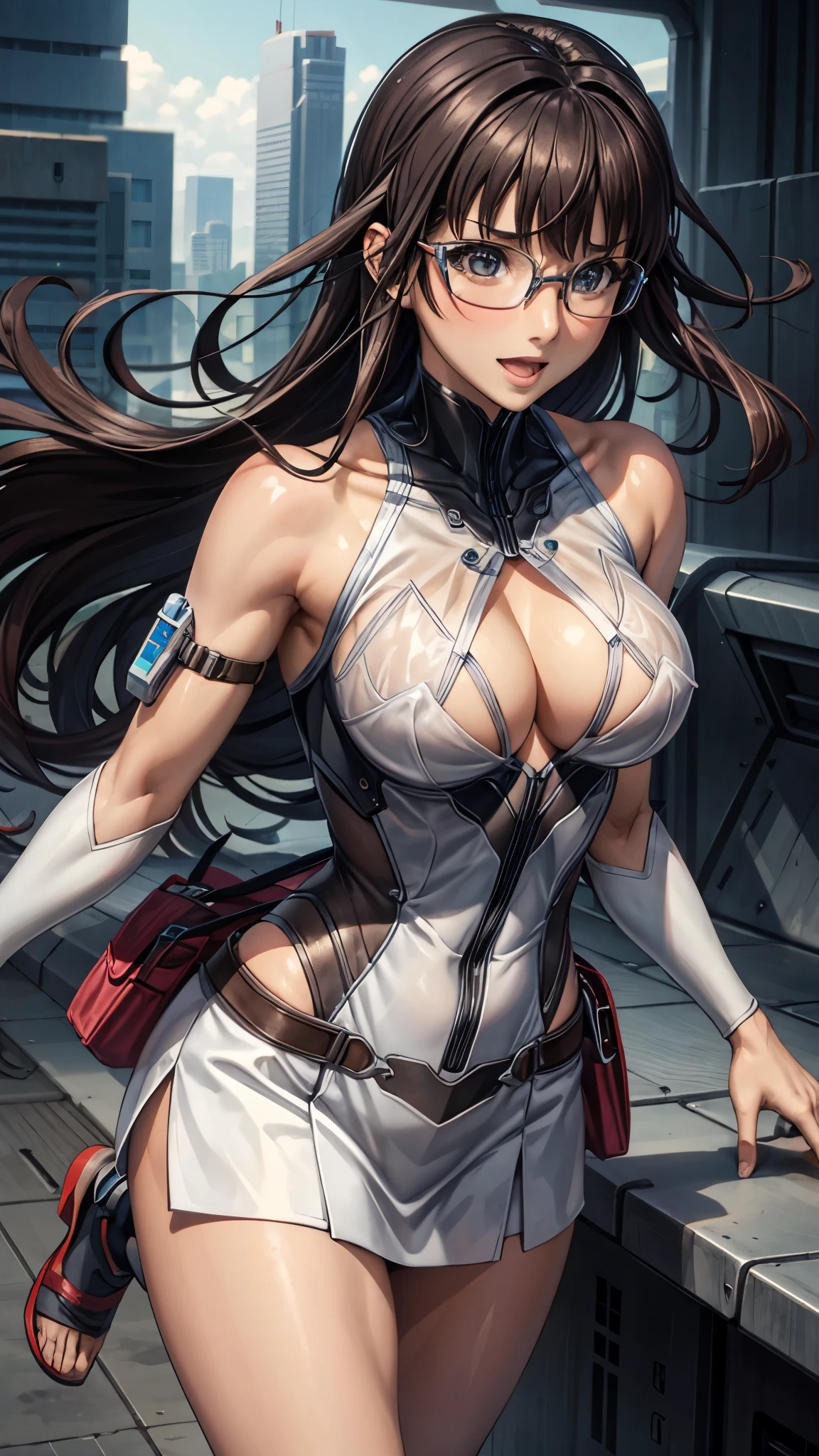 woman,20-year-old,,city,night,white tight miniskirt bodysuit,(Harada Makoto),open mouth smile((See-through))glasses,((long hair))