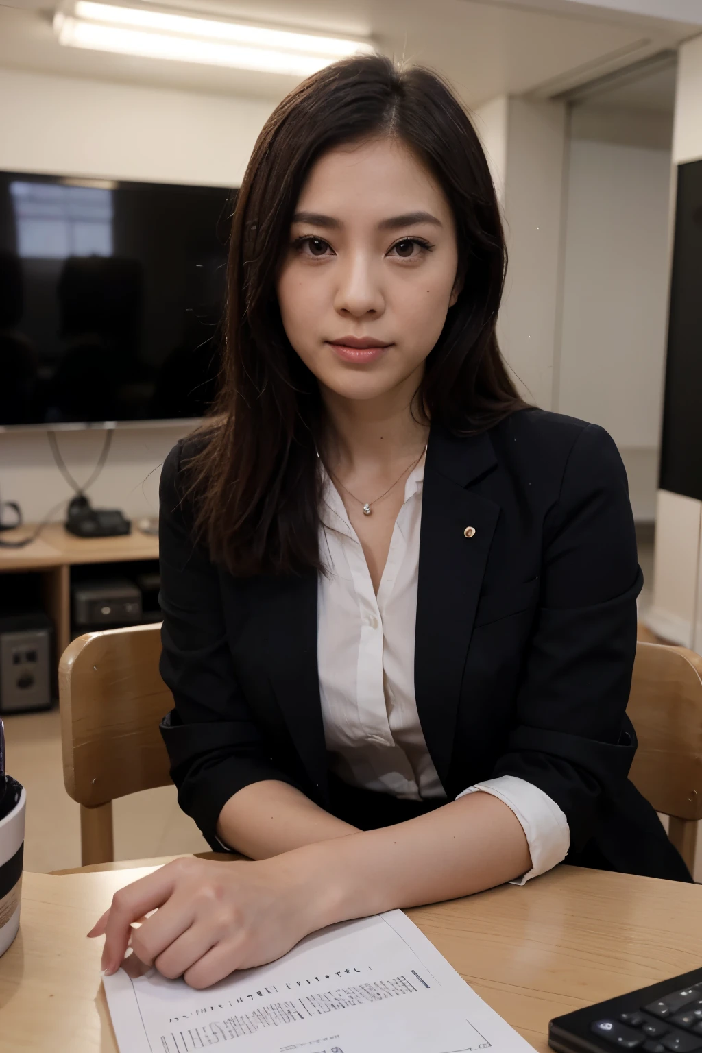 ((最高品質)), ((傑作)), (詳しい), A portrait of a Japanese news anchor in a vertical format. The scene is set in a contemporary Japanese news studio, complete with state-of-the-art broadcasting equipment and a backdrop showcasing dynamic news graphics typical of Japanese television. The anchor, dressed in stylish, formal attire, embodies the elegance and professionalism expected in Japanese newscasting. They exhibit a confident and composed demeanor, indicative of their expertise in delivering news. The anchor is seated in front of a desk with a microphone and papers, surrounded by the sophisticated and sleek design elements characteristic of a Japanese news studio.