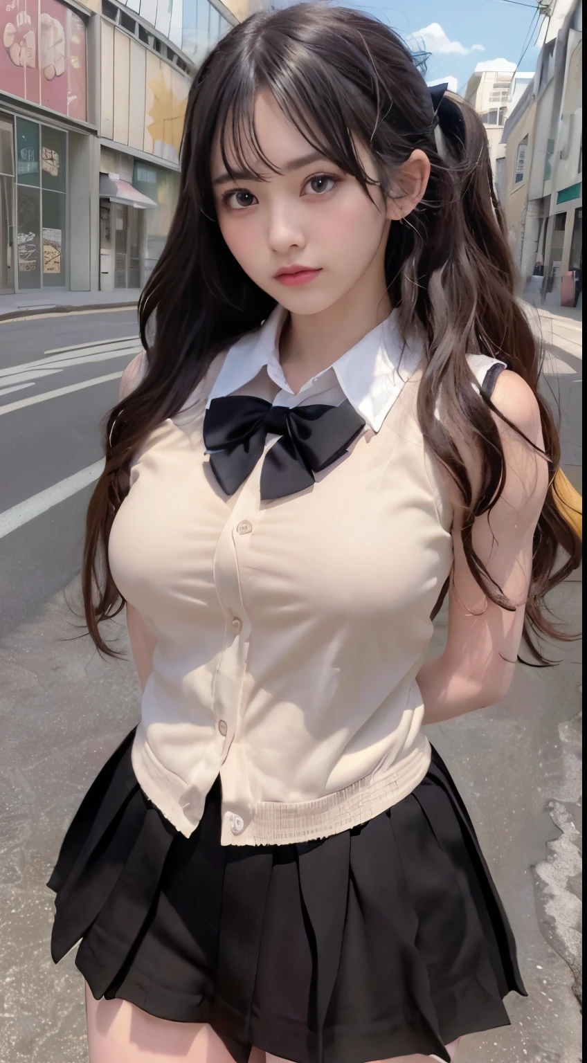 (super fine illustration,8K CG wallpaper,best quality,extremely detailed,ultra high res,best aesthetic),(cowboy shot),(teenage,beautiful girl,cute girl),(beautiful black eyes,beautiful black hair,kawaii hair),((arms behind back)),(blush),((saggy breasts,big aleolae)),(school uniform,beige cardigan),(shibuya:1.1,street),