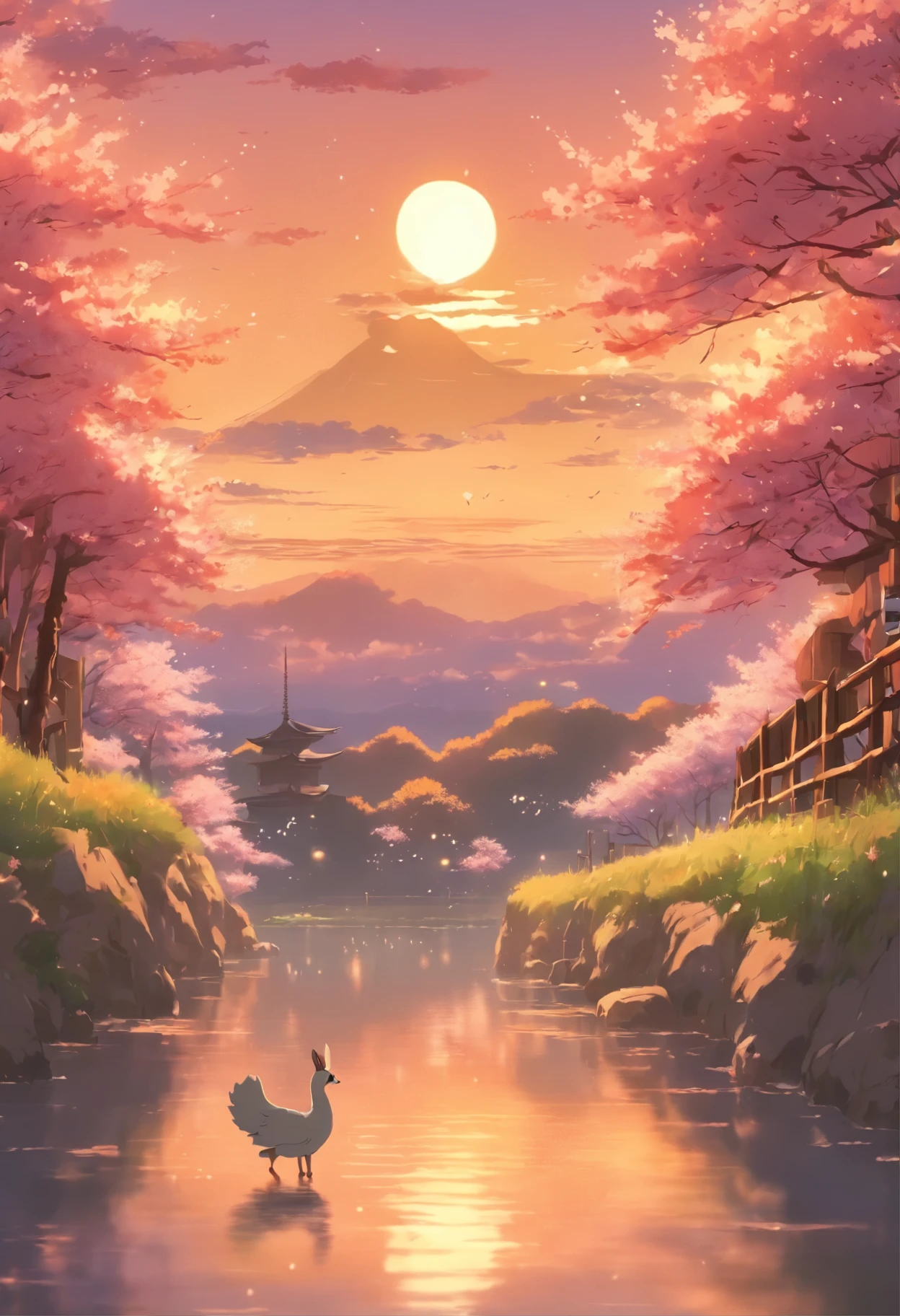 In the style of Studio Ghibli and Kyoto Animation,Depicting the tranquil scenery at sunset in anime style,The fields are full of life、Cherry blossom trees in full bloom。
