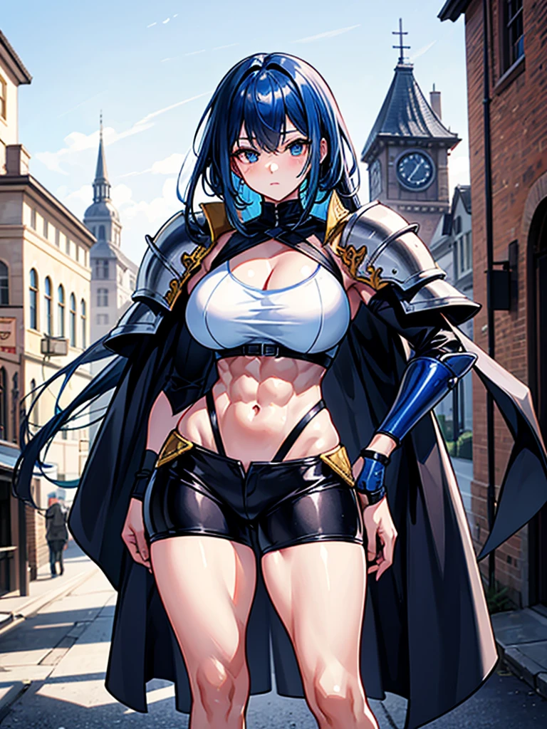 (((masterpiece、Highest image quality、highest quality、highly detailed unity 8kwallpaper)))、((Illustration of one girl))、(((beautiful girl)))、blue hair、stocky build, thickset physique:1.3, muscular legs, broad shoulders, solid chest、adventurer、white armor、Medieval city