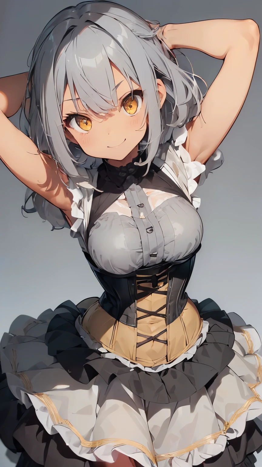 ((((tanned skin)))), ((((grey color hair))), short hair with tousled ends, messy bangs that show forehead. Large, beautiful yellow eyes. corset top