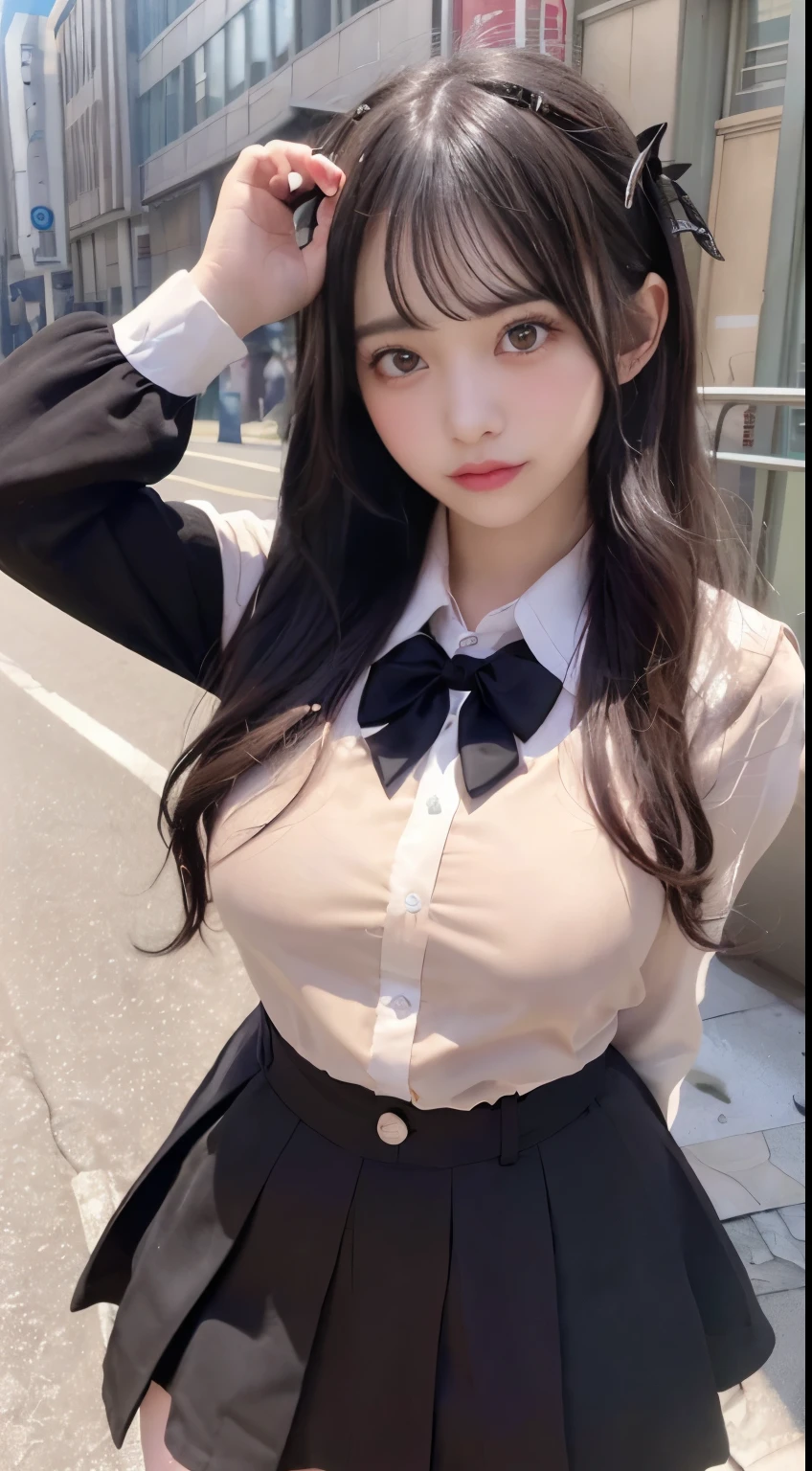 There was a woman on the street with a bag,(8k,RAW photos,best qualtiy,tmasterpiece:1.2),(realisticlying,realisticlying:1.37),ultra - detailed,1个Giant Breast Girl,big breasts beautiful,独奏,Beautiful detailed sky,the night,sitted,dated,(Flush the nose),(joyful smile),mediuml breasts,beatiful detailed eyes,(collared shir:1.1),neck bowtie,pleatedskirt,Spread your legs wide,No panties visible