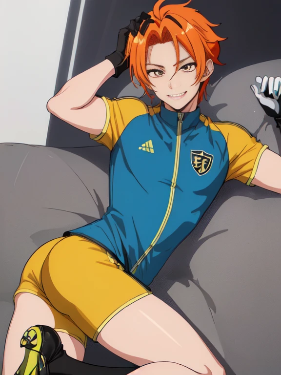 (((Official Art,Ultra-thin illustration,High resolution, Pieces fly, 最high quality,最high quality,)))high quality, detailed, (Little men),,(((alone)))、 A very cute young ace striker male idol,A boy as beautiful as Planding, Smiling cool handsome face, soccer spike, Long legs, Thighs, Footz, No bulge, (blonde、short hair)、Shiny Hair, (Tight and shiny random color soccer uniform suit), (Tight and shiny soccer shorts), (Soccer socks), Grass area, Cool pose, (厚いThighs、Big ass tempting you)、(((Soccer field in the park)))、((Saucy、))、Grin、Spread your legs,Ultra-fine painting, (最high quality, In 4K, 8k, High resolution, Pieces fly:1.2),Service shot、((detailedな目:1.2))、Show off your big butt、Proud ass、