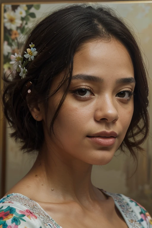 there is a digital painting of a woman in a flowery dress, em oilpainting style, digital oil on canvas, detailed retrato colorido, oilpainting style, retrato digital, mixed race woman, tessa thompson inspirada, digital oil painting, retrato de arte digital, mixed race woman, # 1 pintura digital de todos os tempos, #1 pintura digital de todos os tempos, retrato colorido