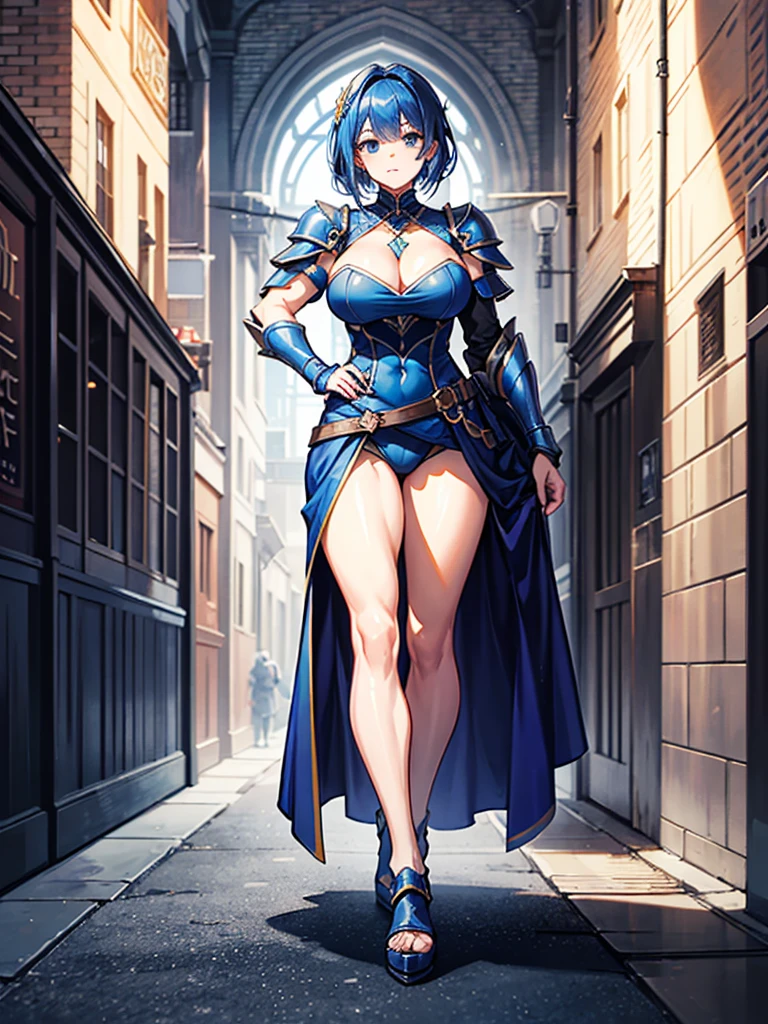 （（（masterpiece、Highest image quality、highest quality、highly detailed unity 8ｋwallpaper）））、（（Illustration of one girl））、（（（beautiful girl）））、blue hair、stocky build, thickset physique：1.3, muscular legs, broad shoulders, solid chest、（adventurer）、white armor、Medieval city