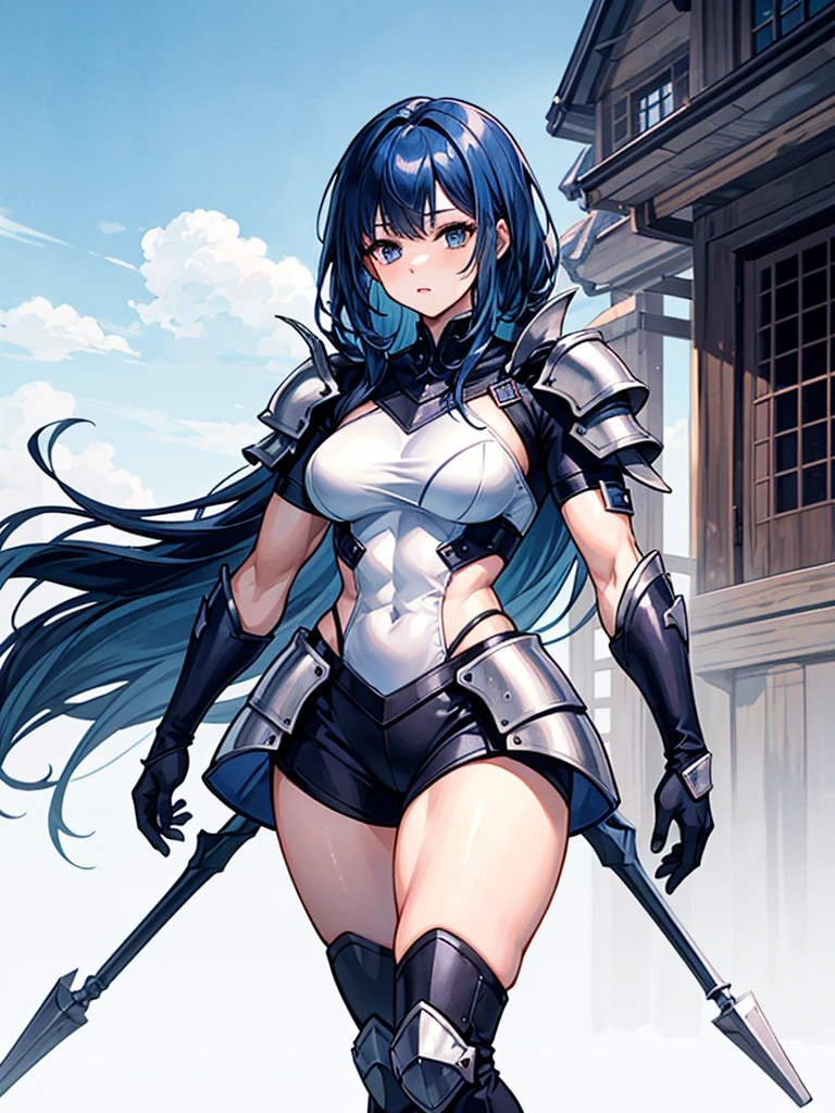 （（（masterpiece、Highest image quality、highest quality、highly detailed unity 8ｋwallpaper）））、（（Illustration of one girl））、（（（beautiful girl）））、blue hair、stocky build, thickset physique：1.3, muscular legs, broad shoulders, solid chest、（adventurer）、white armor、Medieval city