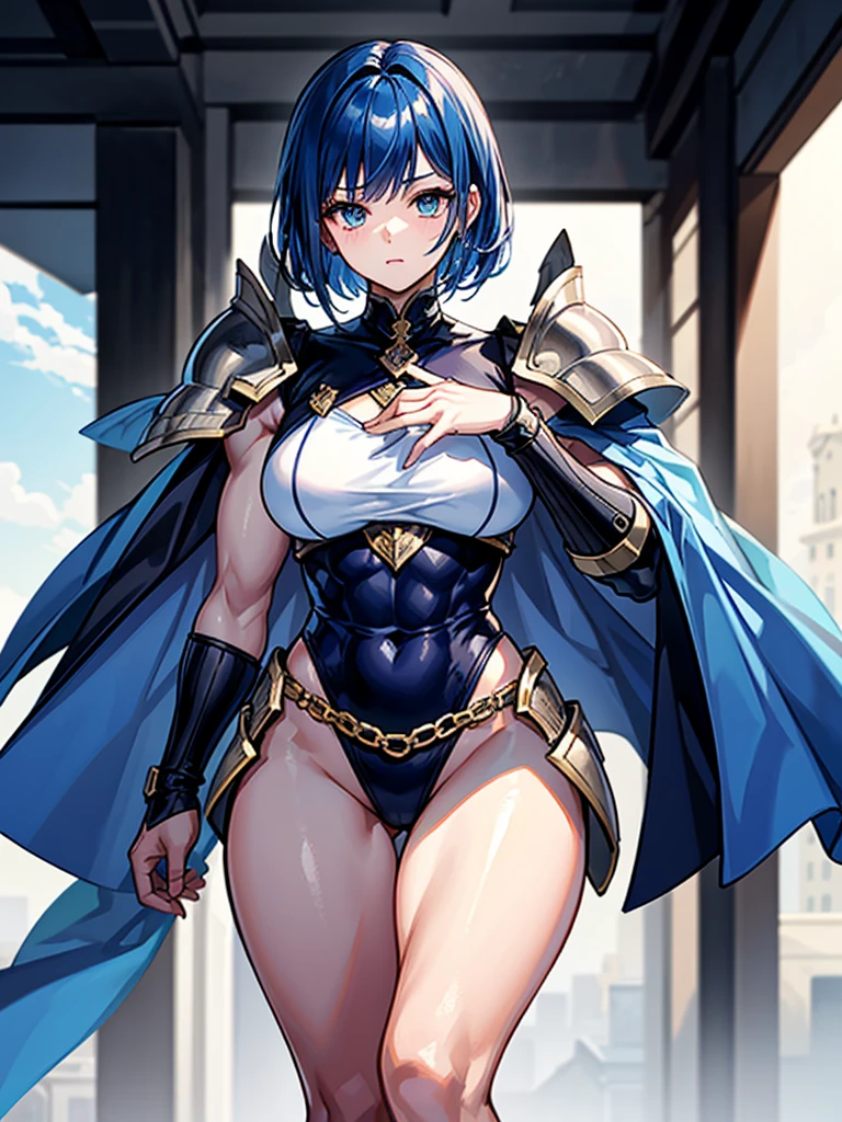 （（（masterpiece、Highest image quality、highest quality、highly detailed unity 8ｋwallpaper）））、（（Illustration of one girl））、（（（beautiful girl）））、blue hair、stocky build, thickset physique：1.3, muscular legs, broad shoulders, solid chest、（adventurer）、white armor、Medieval city