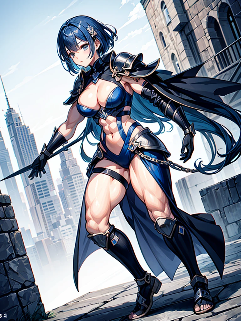 (((masterpiece、Highest image quality、highest quality、highly detailed unity 8kwallpaper)))、((Illustration of one girl))、(((beautiful girl)))、blue hair、stocky build, thickset physique:1.3, muscular legs, broad shoulders, solid chest、(adventurer)、white armor、Medieval city